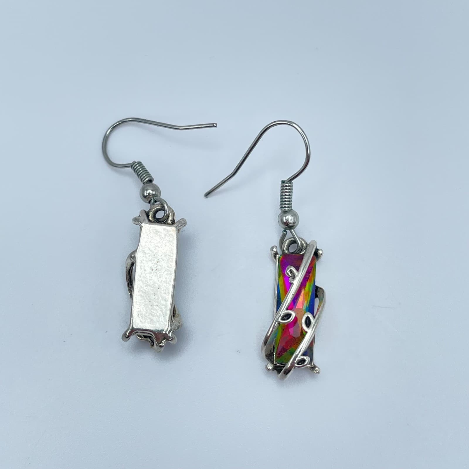 Vintage 90s Mystic Rainbow Topaz Glass Silver Tone Earrings Set Boho Jewelry - Thumbnail 5