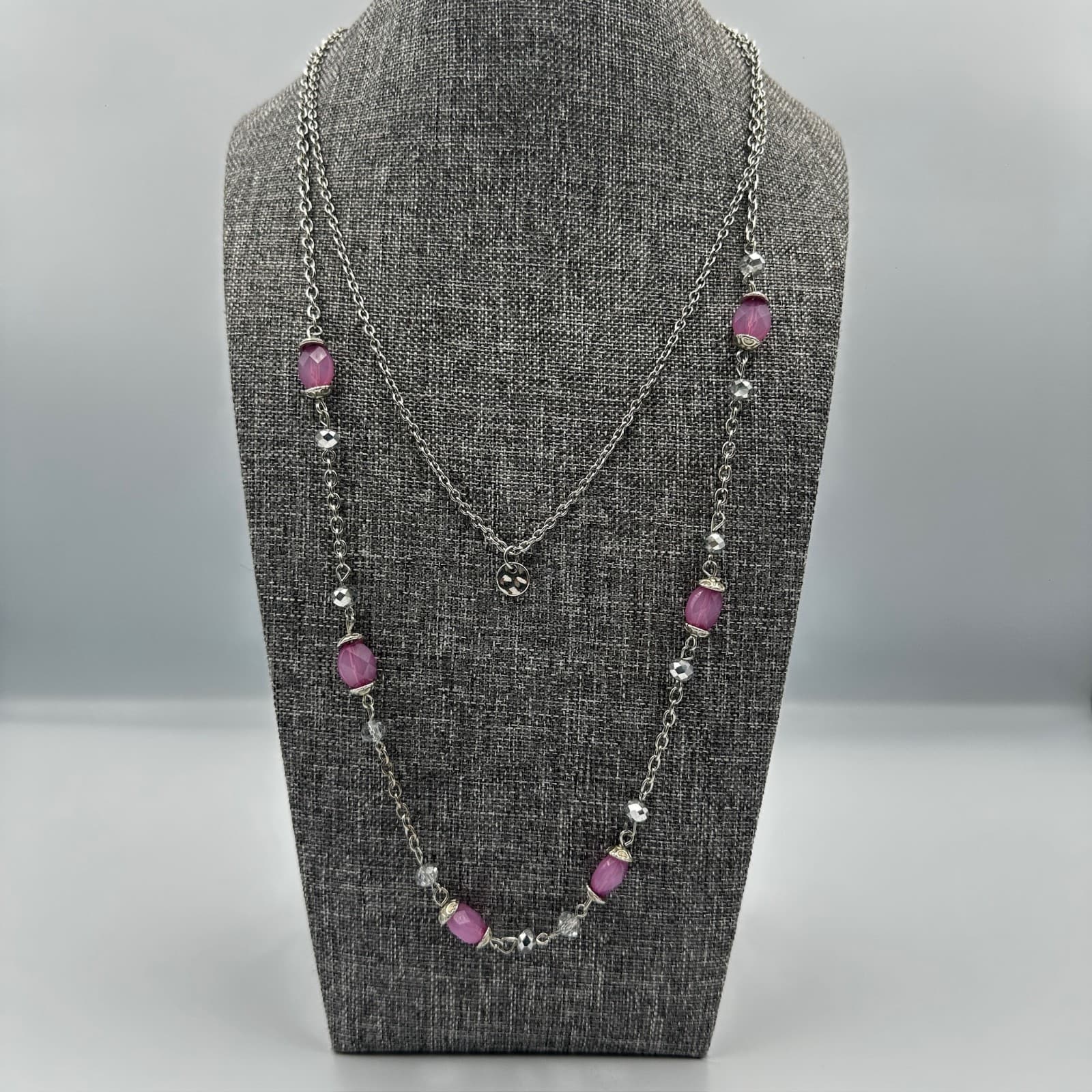Pink Beaded Silver-Tone Layered Necklace Y2K Boho Chic - Image 1