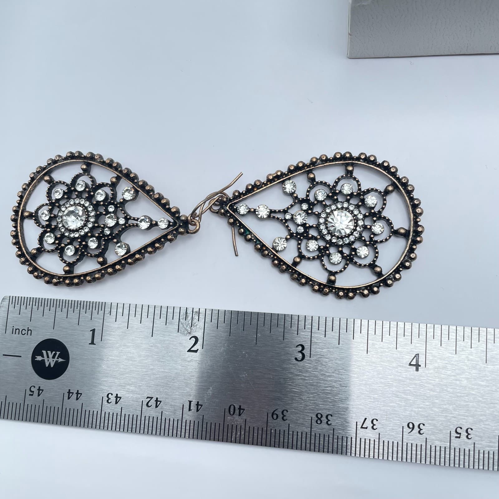 Vintage 90s Clear Glass Bronze Tone Filigree Teardrop Dangle Earrings Jewelry - Thumbnail 8