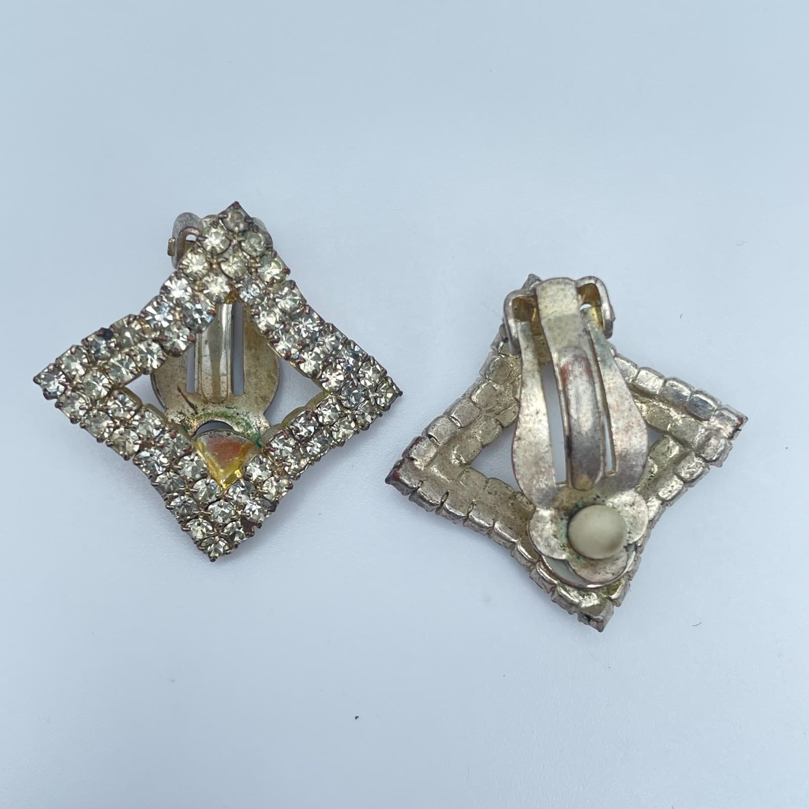 Vintage 80s Silver Tone Clear Glass Rhinestone Square Earrings Fashion Jewelry - Thumbnail 6
