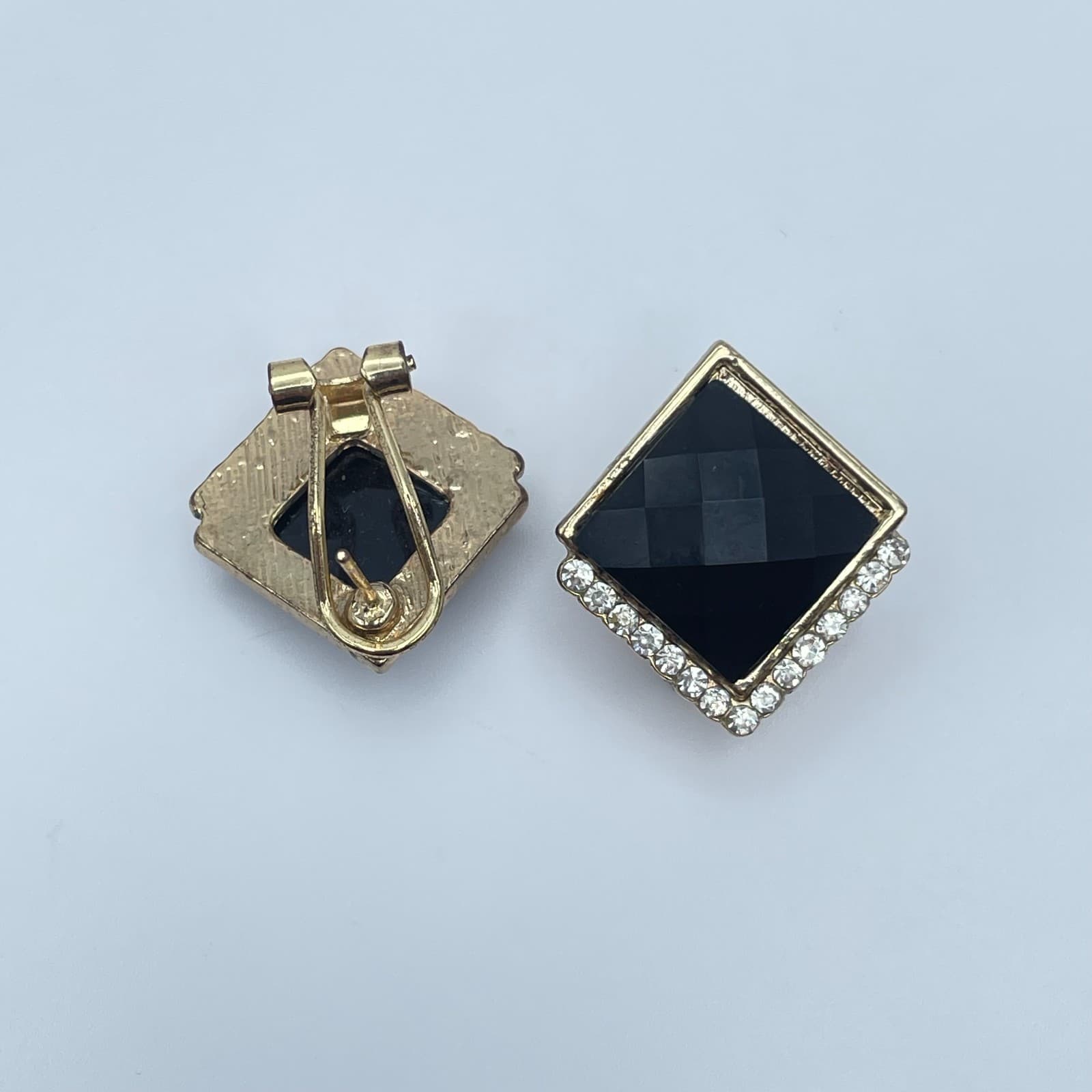 Vintage 90s Black Onyx Glass Gold Tone Earrings Rhine Stone Halo Square Studs - Thumbnail 5