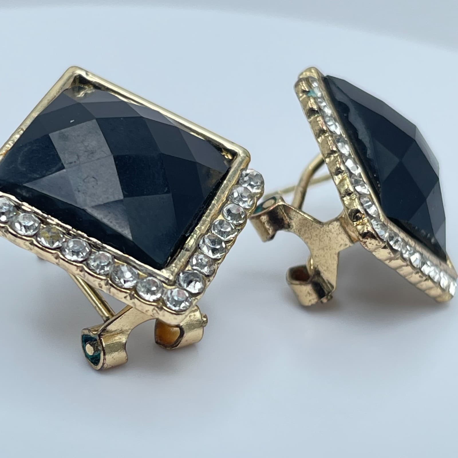 Vintage 90s Black Onyx Glass Gold Tone Earrings Rhine Stone Halo Square Studs - Thumbnail 3
