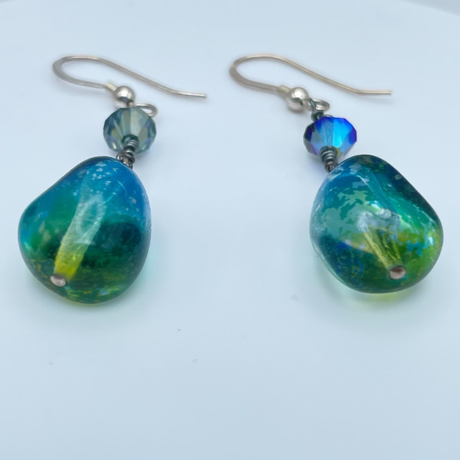 Vintage 90s Teal Blue Green Lampwork Glass Silver Tone Drop Earrings Boho - Thumbnail 2