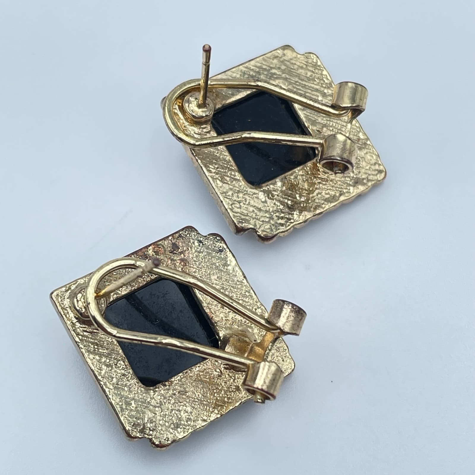 Vintage 90s Black Onyx Glass Gold Tone Earrings Rhine Stone Halo Square Studs - Thumbnail 7