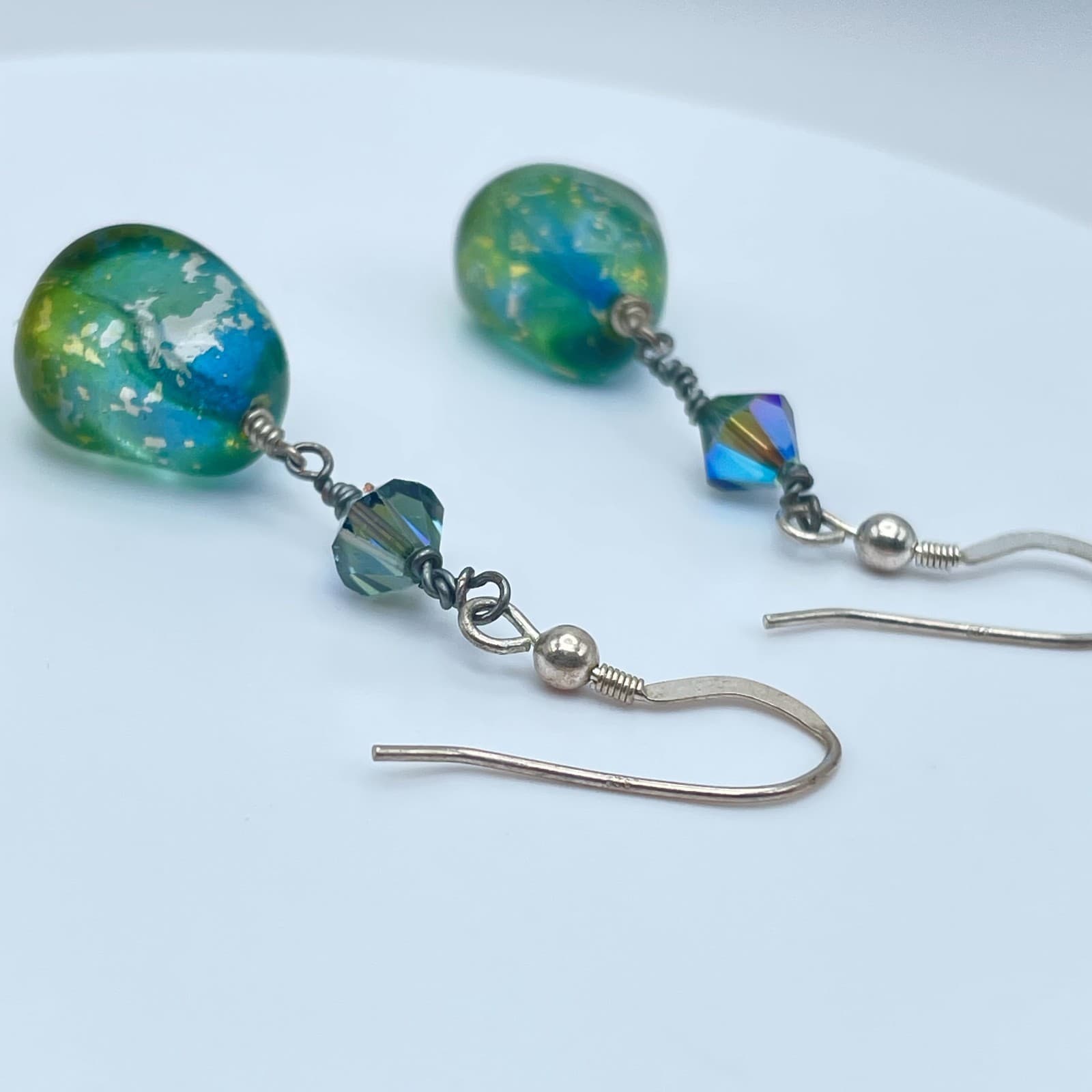 Vintage 90s Teal Blue Green Lampwork Glass Silver Tone Drop Earrings Boho - Thumbnail 6