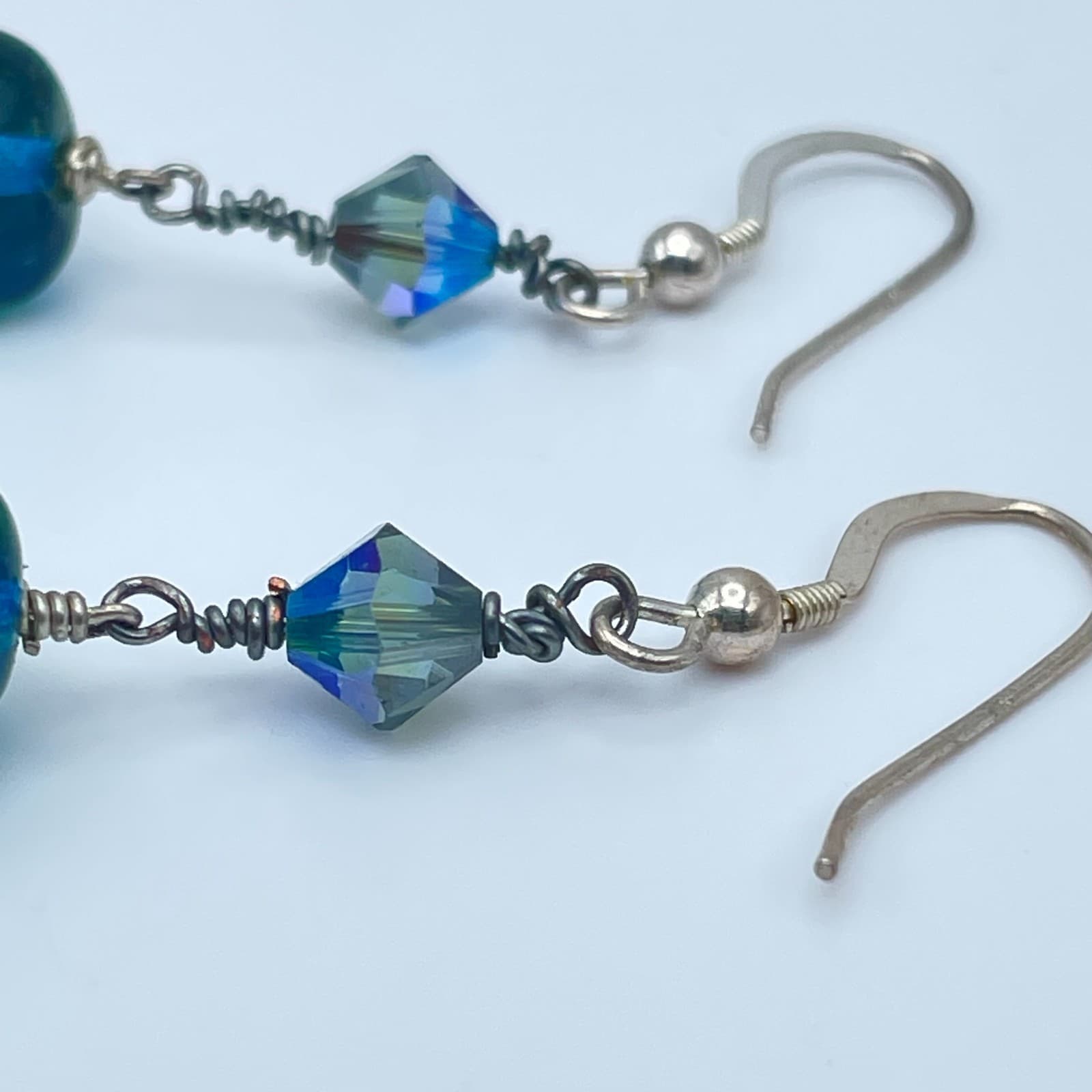 Vintage 90s Teal Blue Green Lampwork Glass Silver Tone Drop Earrings Boho - Thumbnail 5