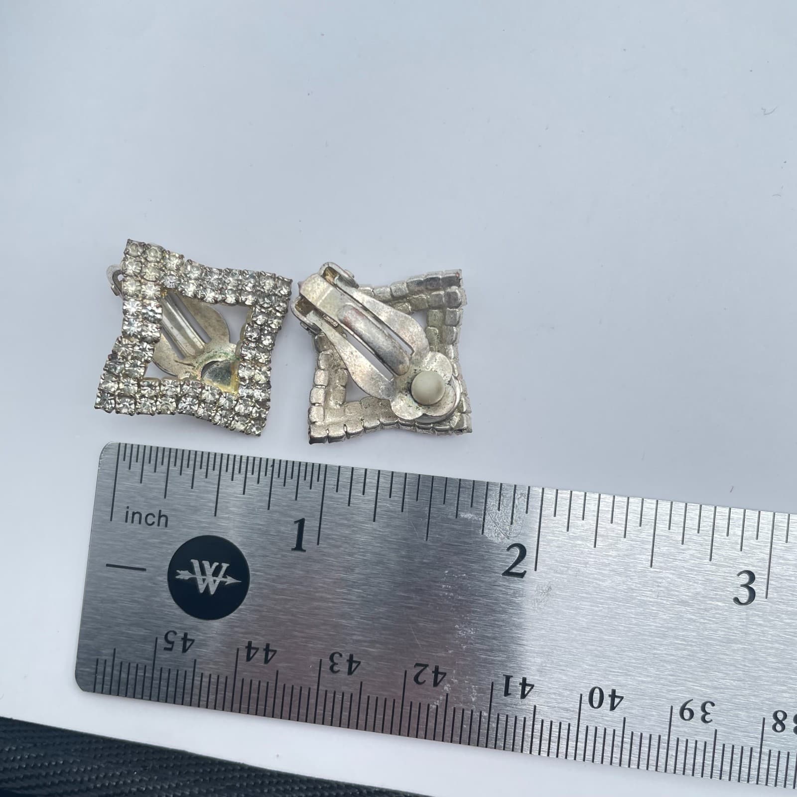 Vintage 80s Silver Tone Clear Glass Rhinestone Square Earrings Fashion Jewelry - Thumbnail 9