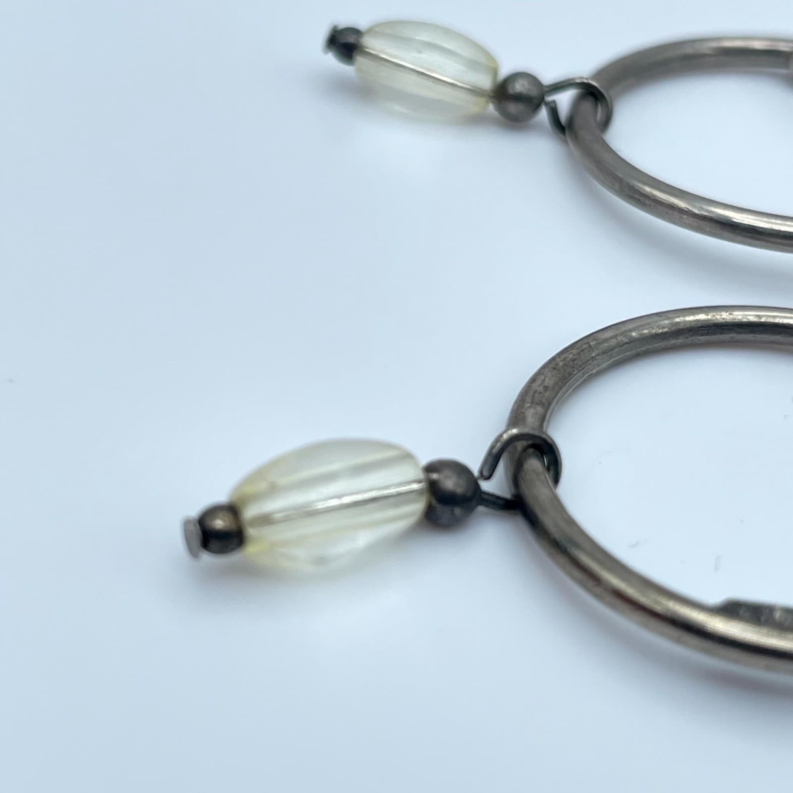 Vintage Silver-Tone Fashion Beauty Oval Glass Dangle Hoop Hinged Clasp Earrings - Thumbnail 7