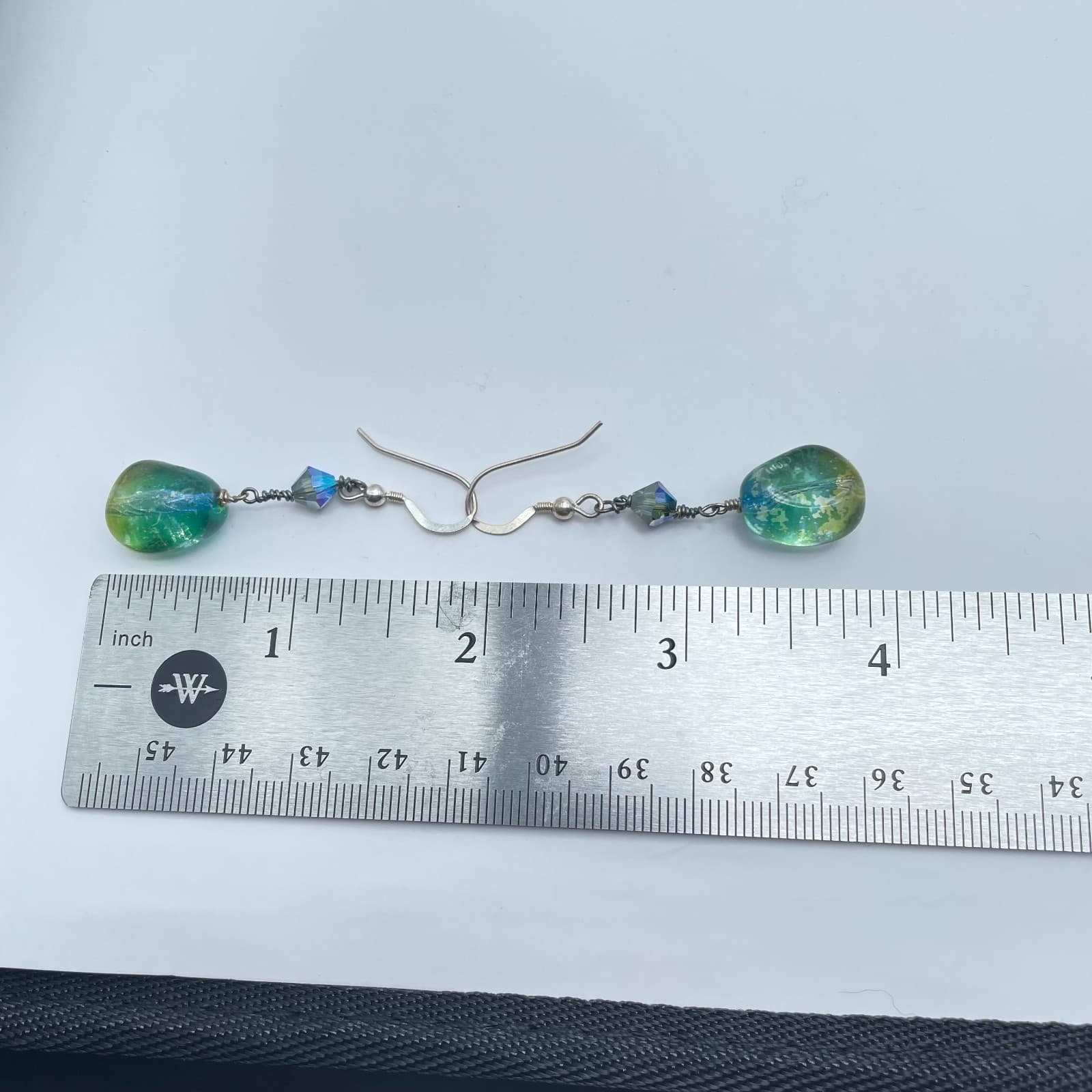 Vintage 90s Teal Blue Green Lampwork Glass Silver Tone Drop Earrings Boho - Thumbnail 9