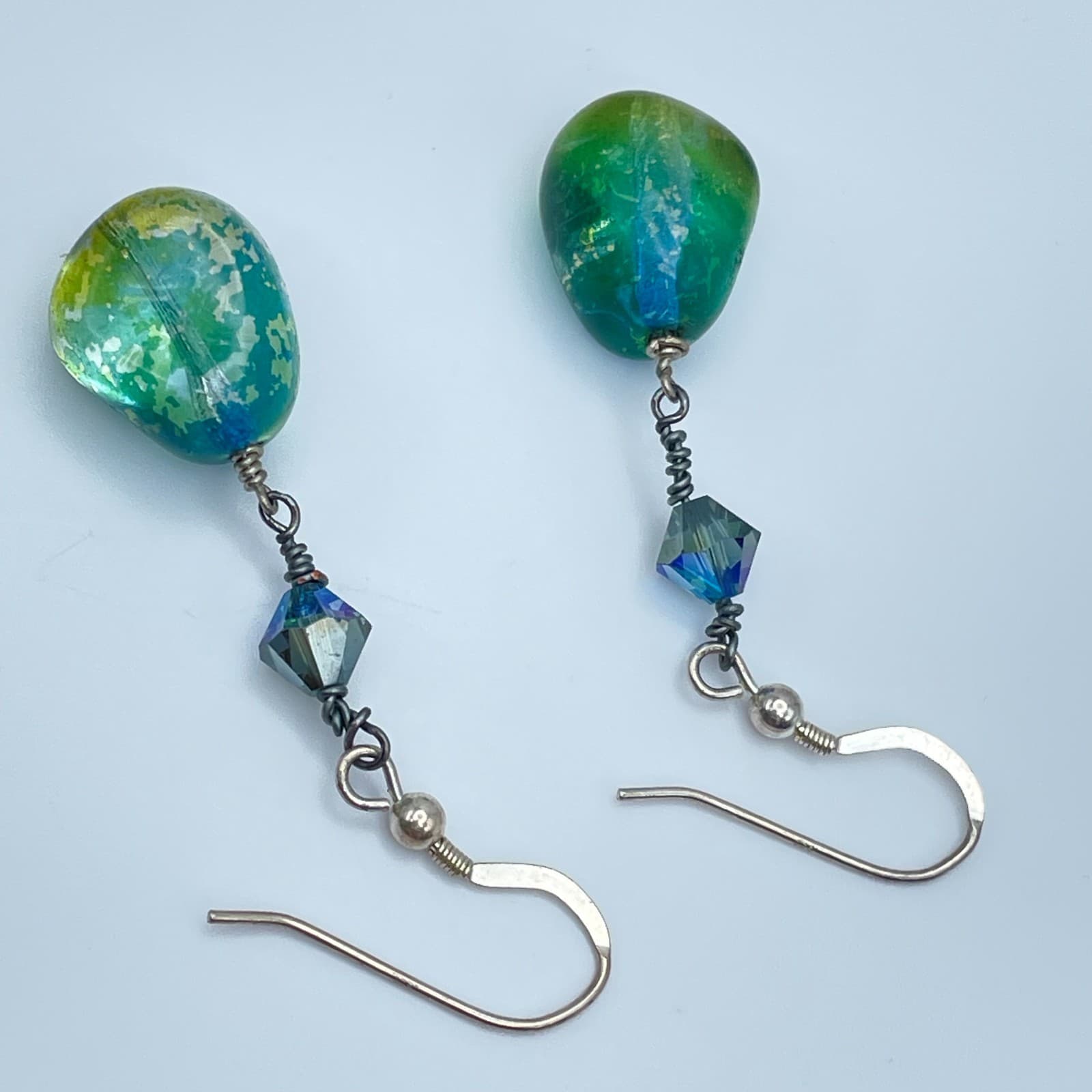 Vintage 90s Teal Blue Green Lampwork Glass Silver Tone Drop Earrings Boho - Thumbnail 7