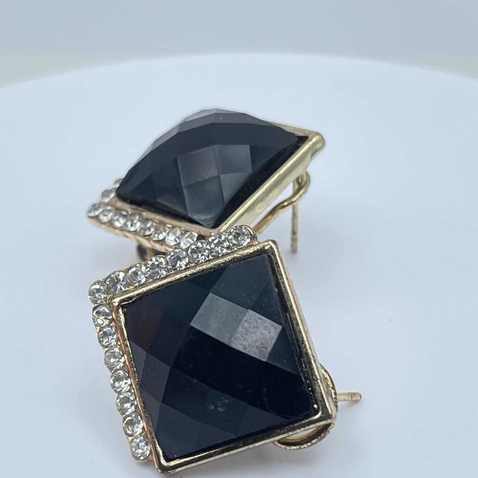 Vintage 90s Black Onyx Glass Gold Tone Earrings Rhine Stone Halo Square Studs - Thumbnail 2