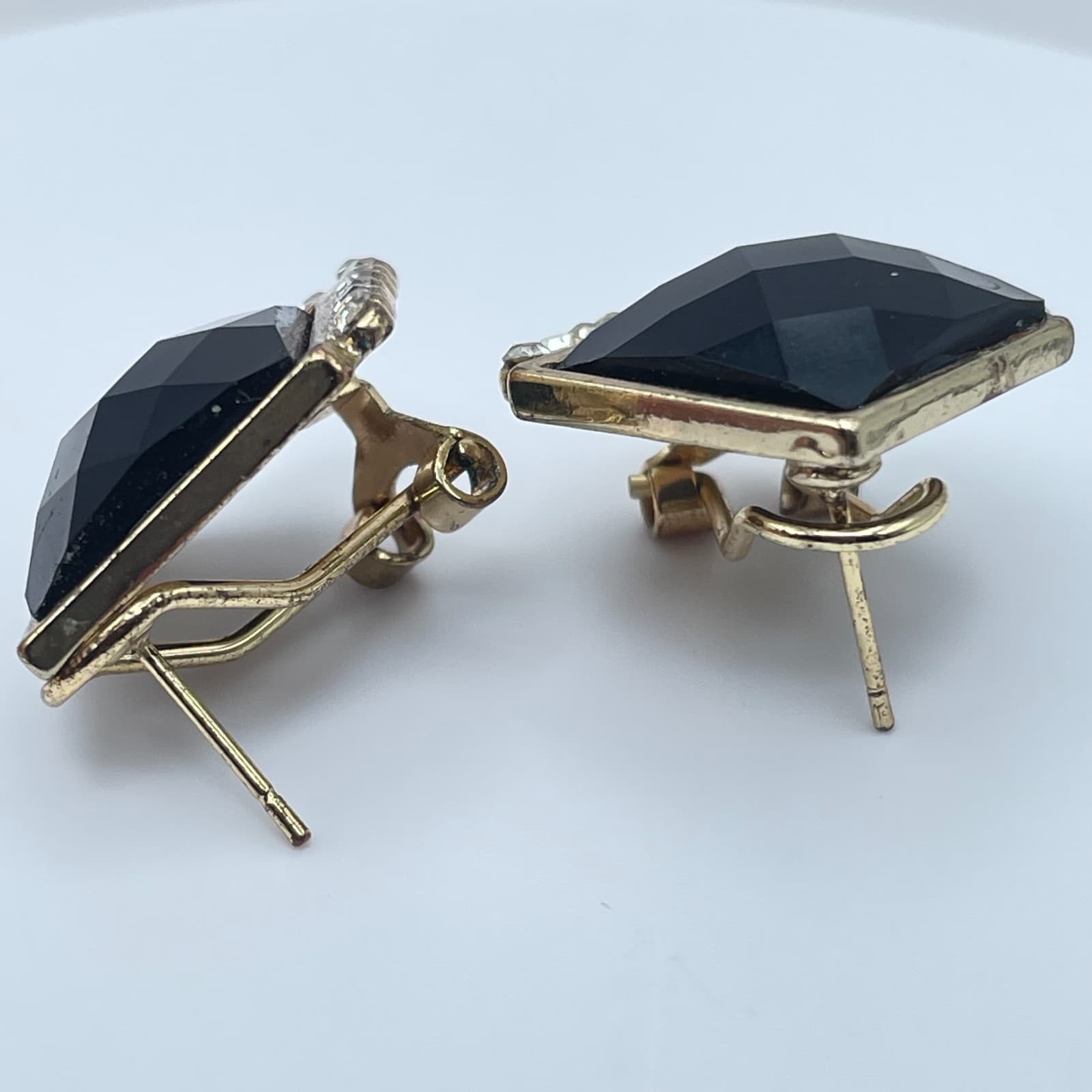 Vintage 90s Black Onyx Glass Gold Tone Earrings Rhine Stone Halo Square Studs - Thumbnail 4