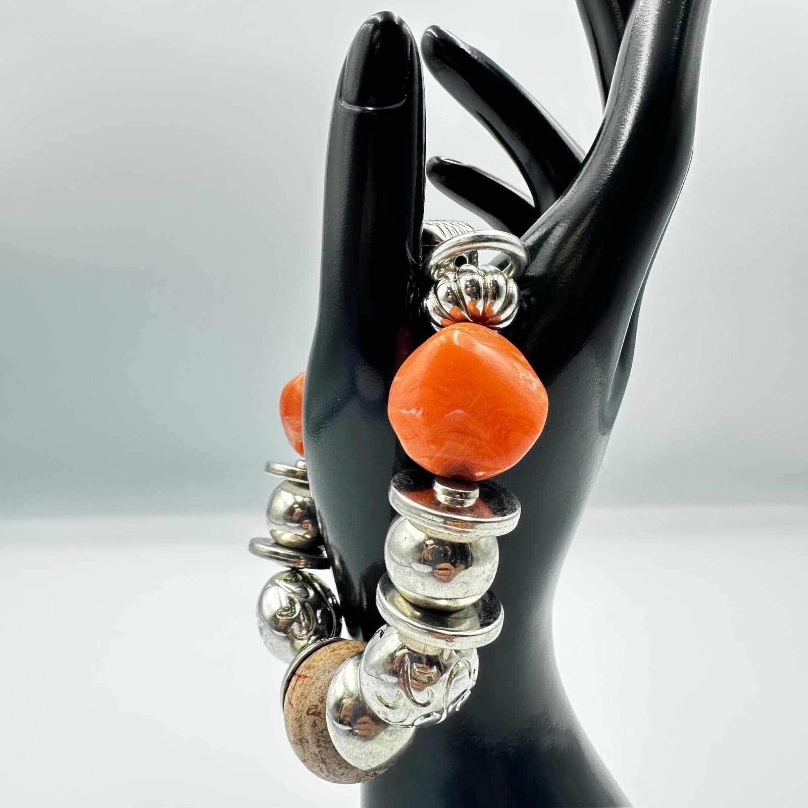 Chunky Orange Coral & Silver-Tone Tribal Statement Bead Bracelet - Thumbnail 3