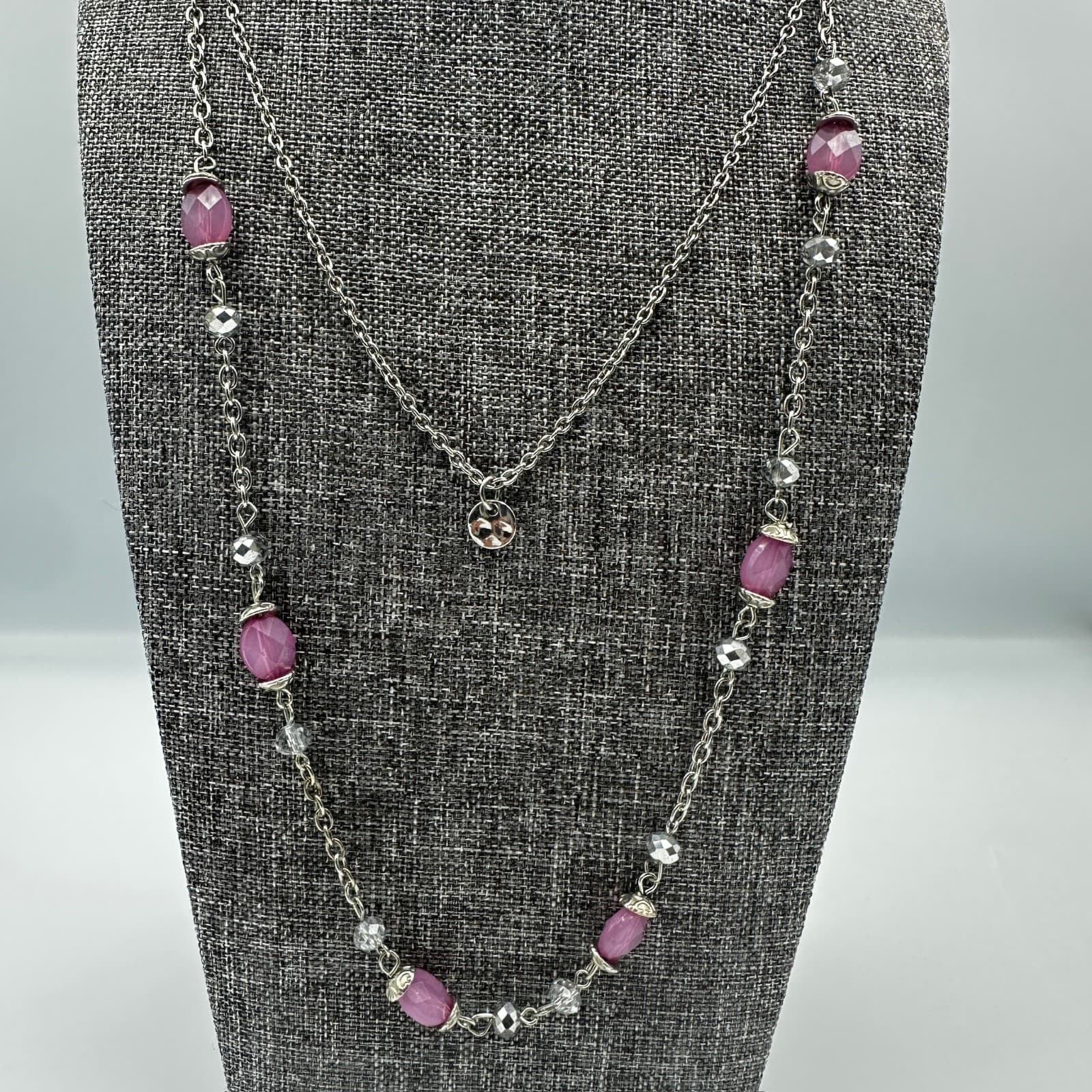Pink Beaded Silver-Tone Layered Necklace Y2K Boho Chic - Thumbnail 2