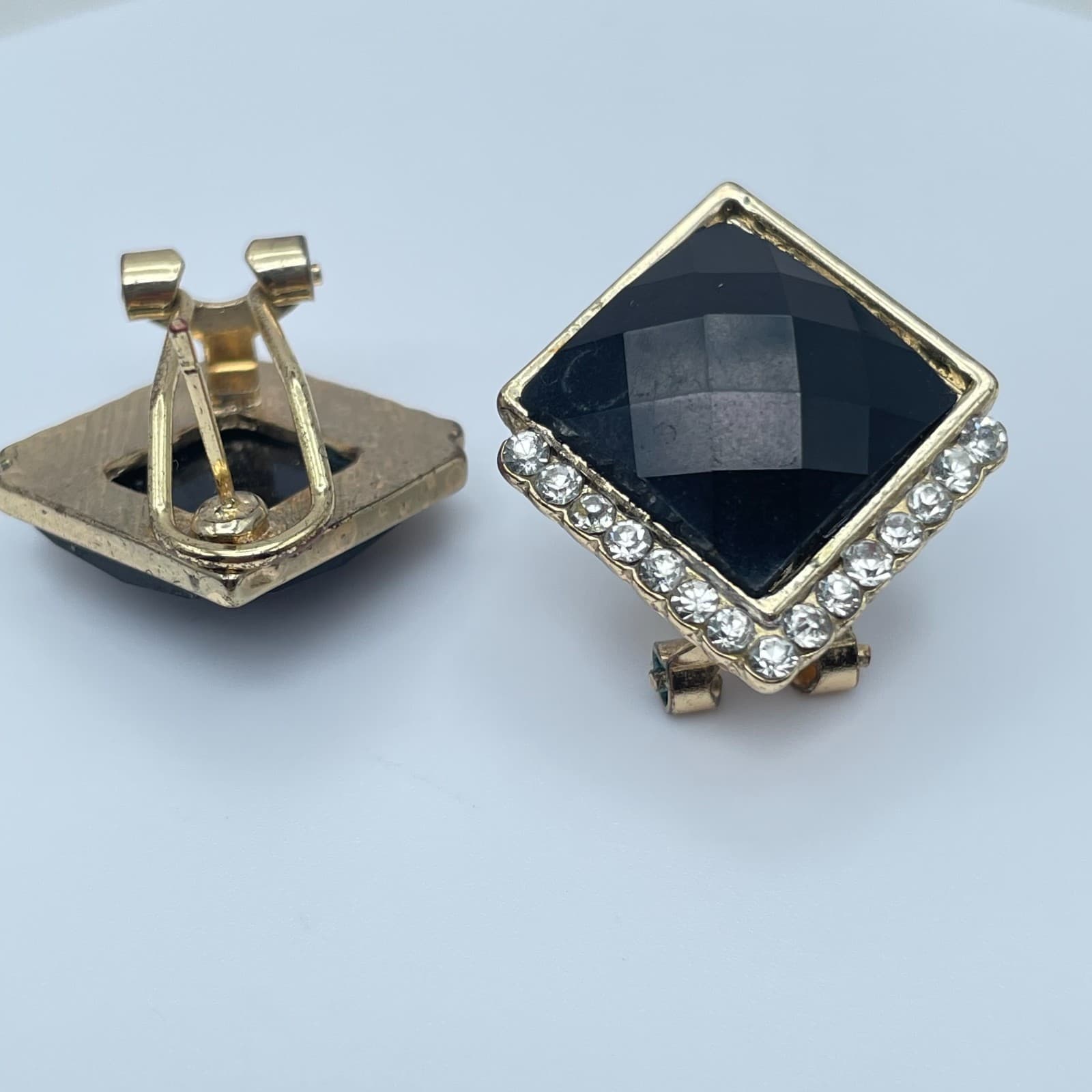 Vintage 90s Black Onyx Glass Gold Tone Earrings Rhine Stone Halo Square Studs - Thumbnail 6
