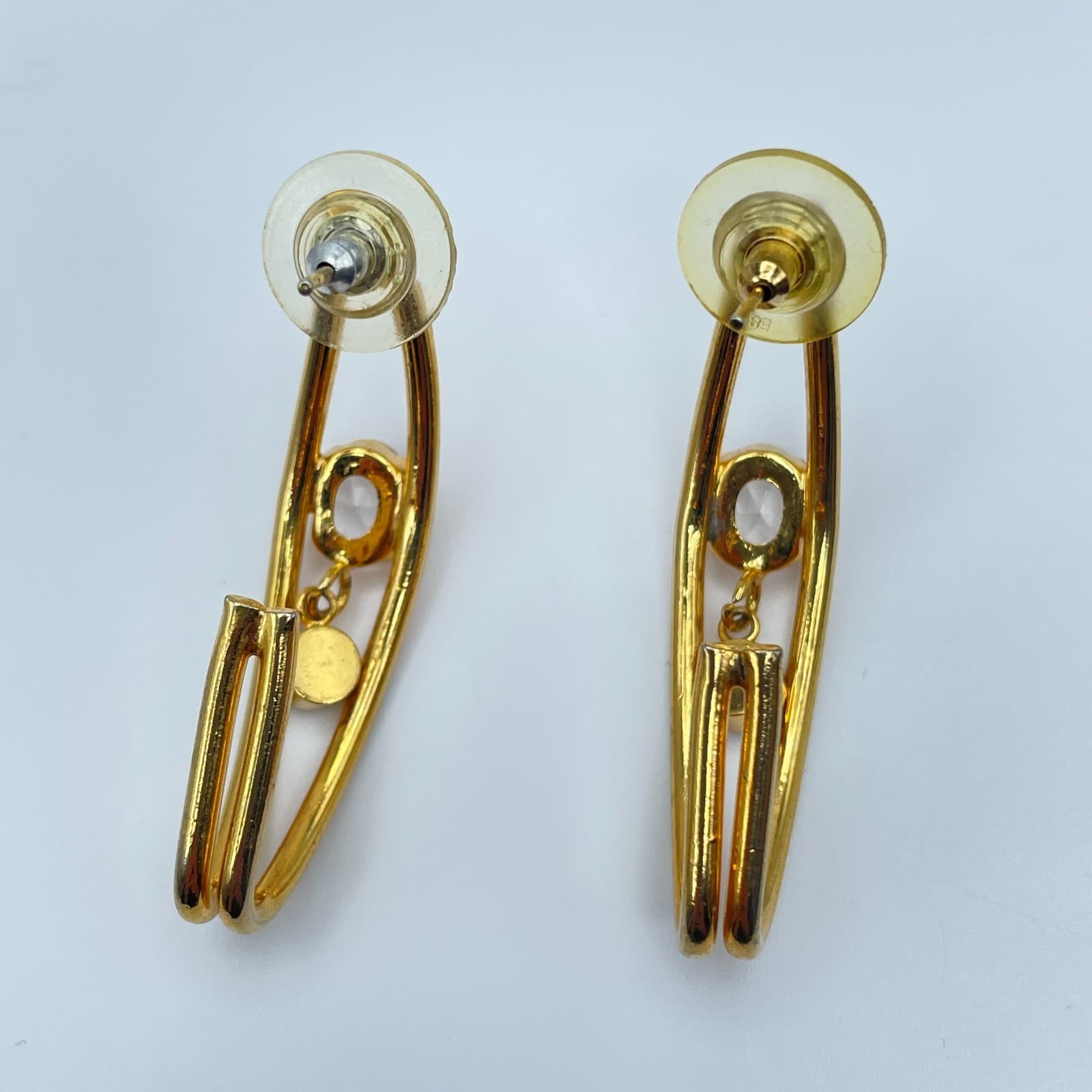 Vintage 90s Clear Glass Open Hoop Gold Tone Earrings Modern Geometric Jewelry - Thumbnail 7