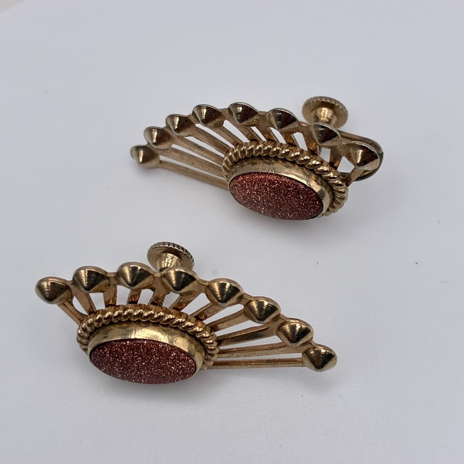 Vintage 60s Goldstone Aventurine Glass Sunburst Fan Earrings Mid-Century Jewelry - Thumbnail 2