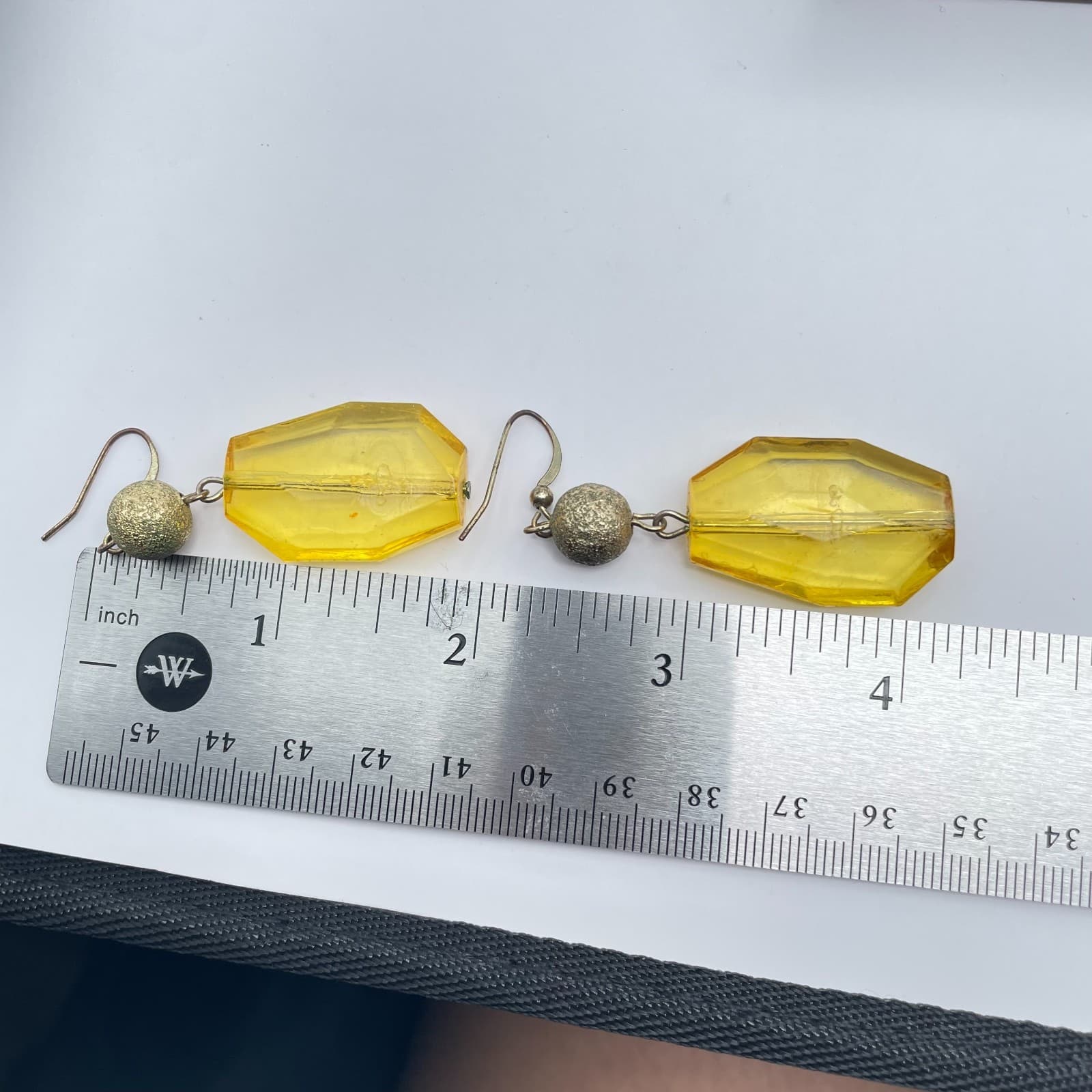 Vintage 90s Amber Yellow Glass Dangle Earrings Gold Tone Stardust Bead Fashion - Thumbnail 8