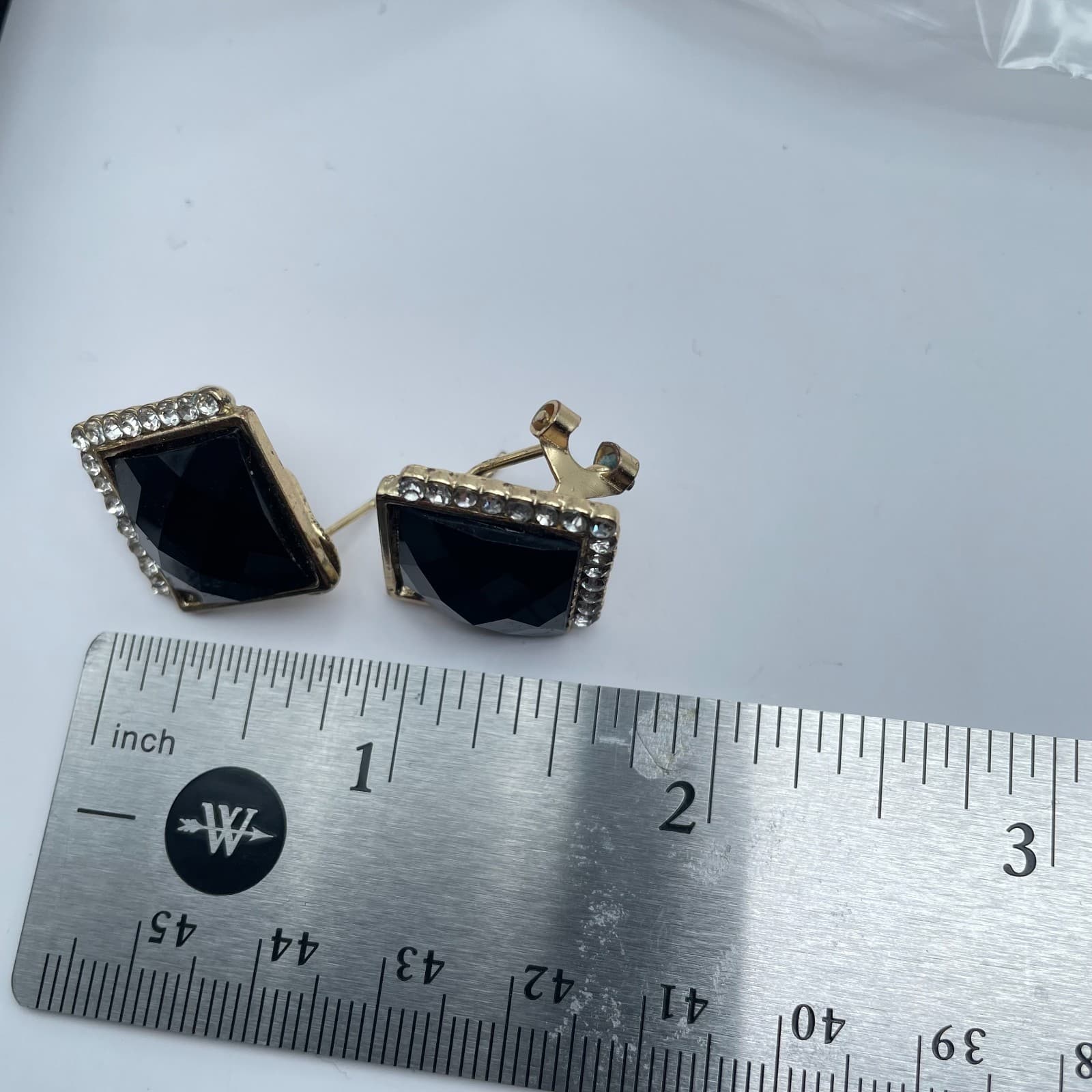 Vintage 90s Black Onyx Glass Gold Tone Earrings Rhine Stone Halo Square Studs - Thumbnail 8