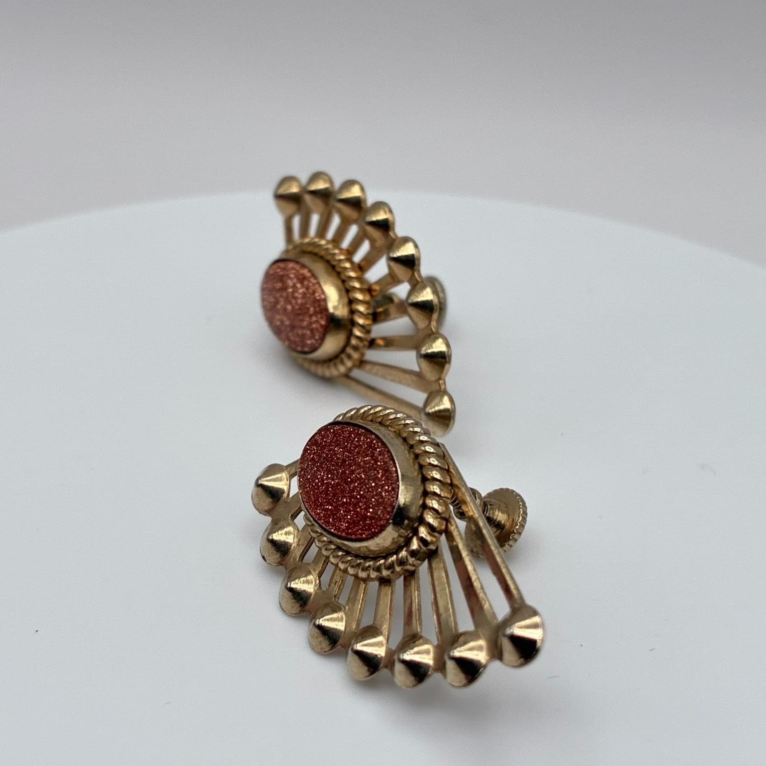 Vintage 60s Goldstone Aventurine Glass Sunburst Fan Earrings Mid-Century Jewelry - Thumbnail 3