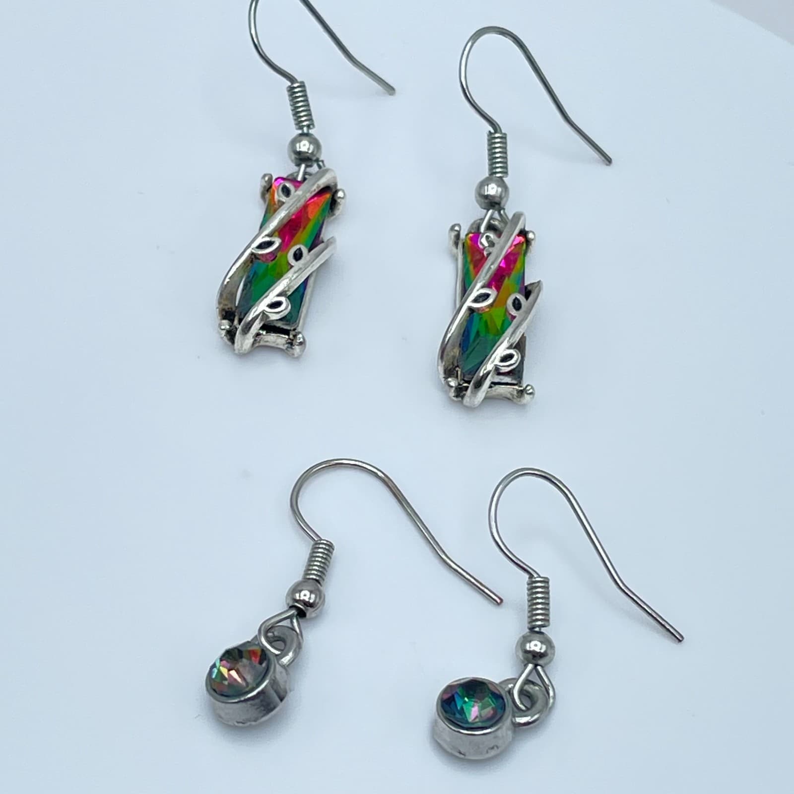 Vintage 90s Mystic Rainbow Topaz Glass Silver Tone Earrings Set Boho Jewelry - Thumbnail 2