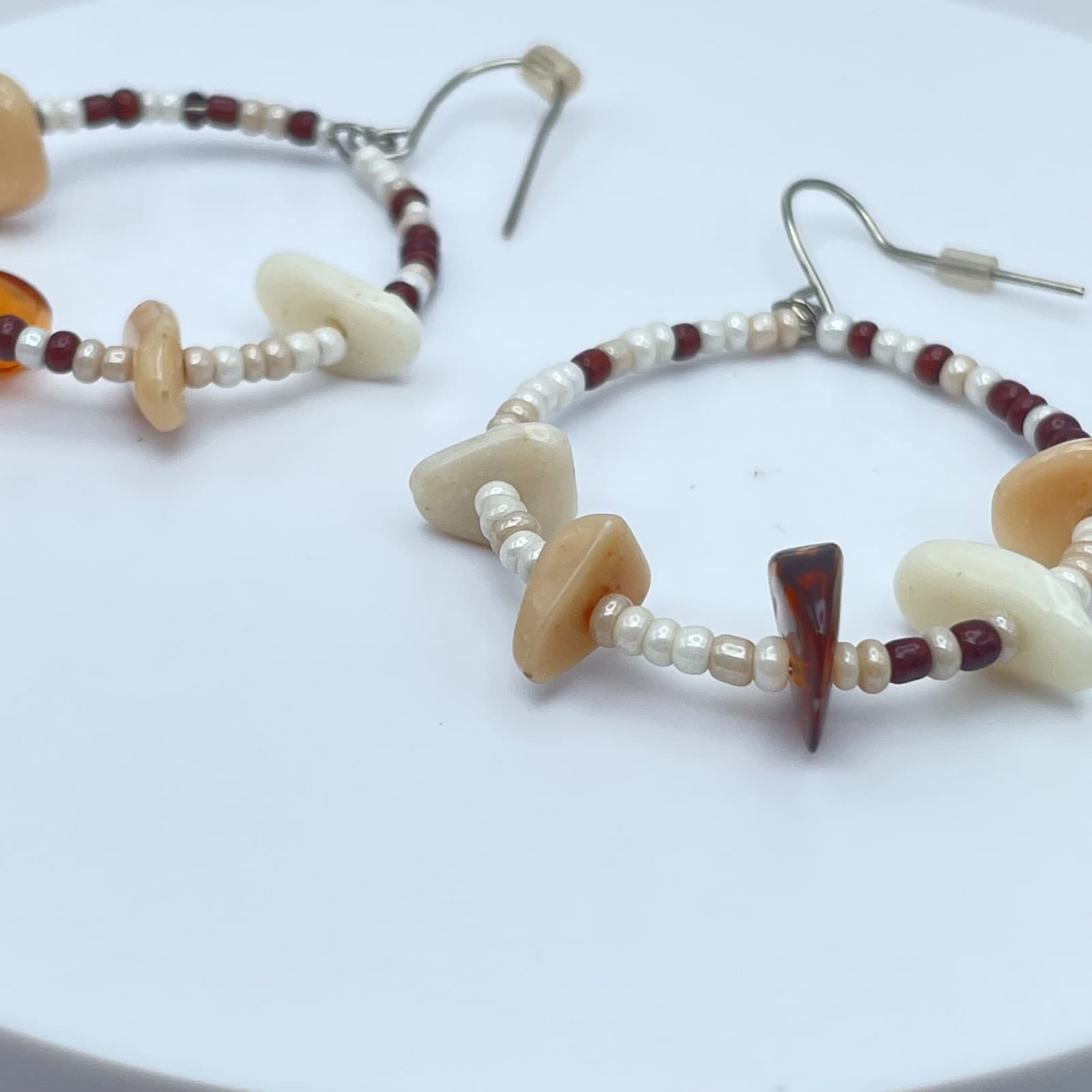 Vintage 90s Multicolor Resin Chips Beaded Hoop Earrings Silver Tone Jewelry - Thumbnail 2