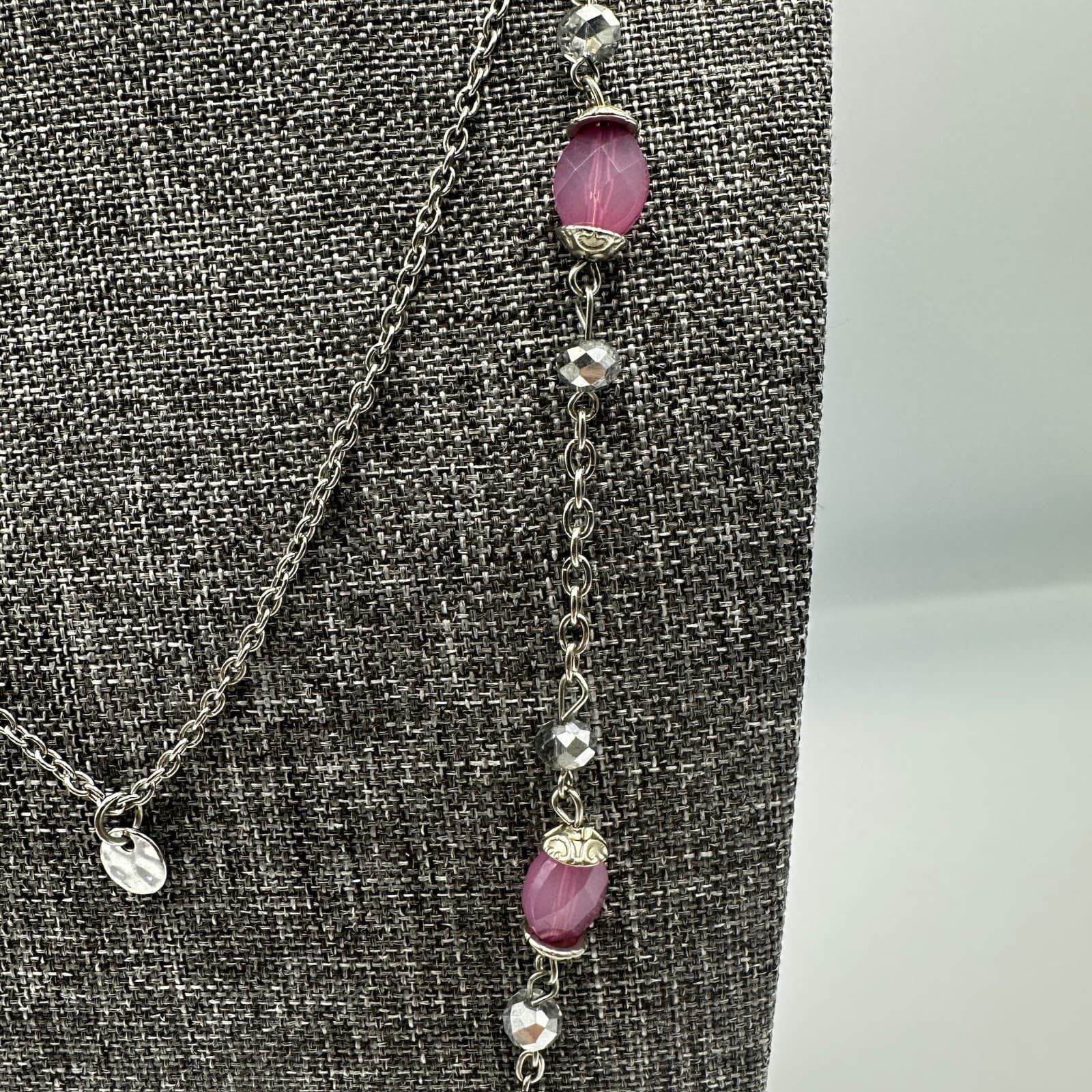 Pink Beaded Silver-Tone Layered Necklace Y2K Boho Chic - Thumbnail 3