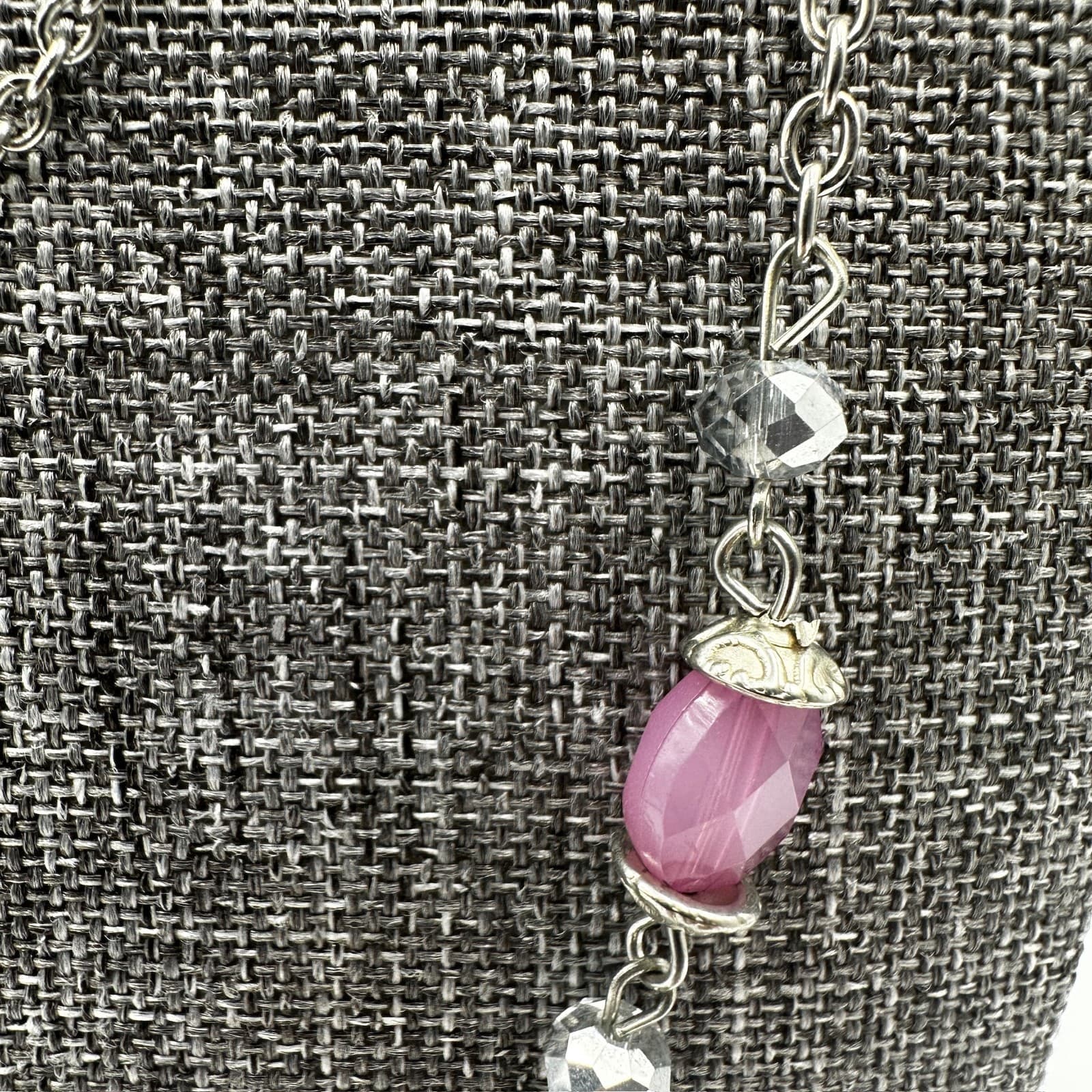 Pink Beaded Silver-Tone Layered Necklace Y2K Boho Chic - Thumbnail 4