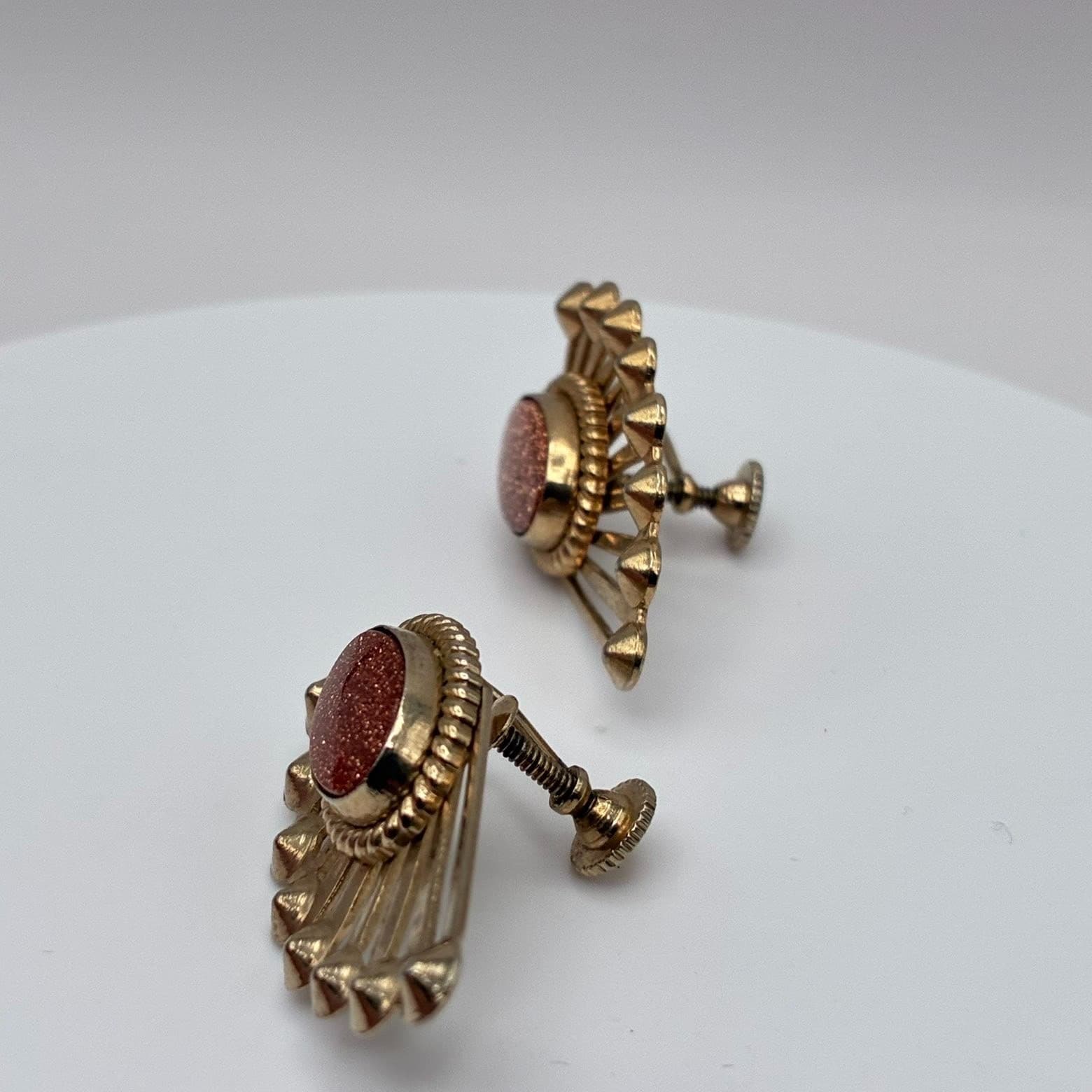 Vintage 60s Goldstone Aventurine Glass Sunburst Fan Earrings Mid-Century Jewelry - Thumbnail 9