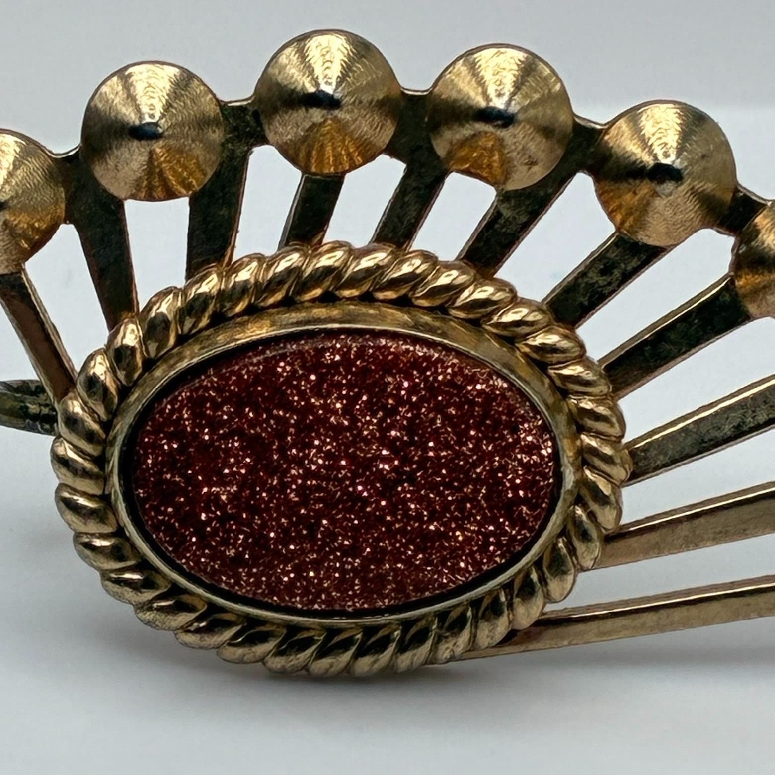 Vintage 60s Goldstone Aventurine Glass Sunburst Fan Earrings Mid-Century Jewelry - Thumbnail 4