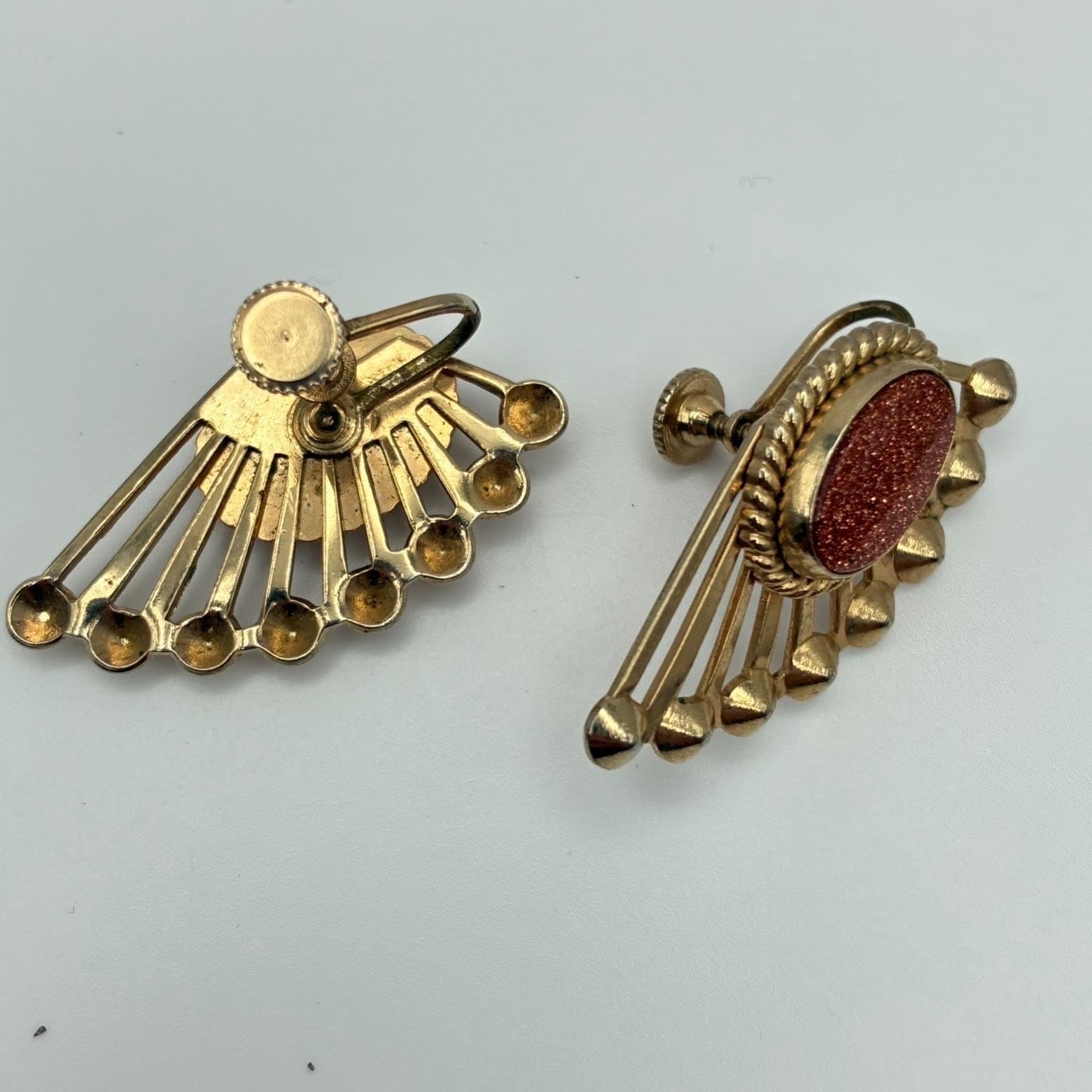 Vintage 60s Goldstone Aventurine Glass Sunburst Fan Earrings Mid-Century Jewelry - Thumbnail 5