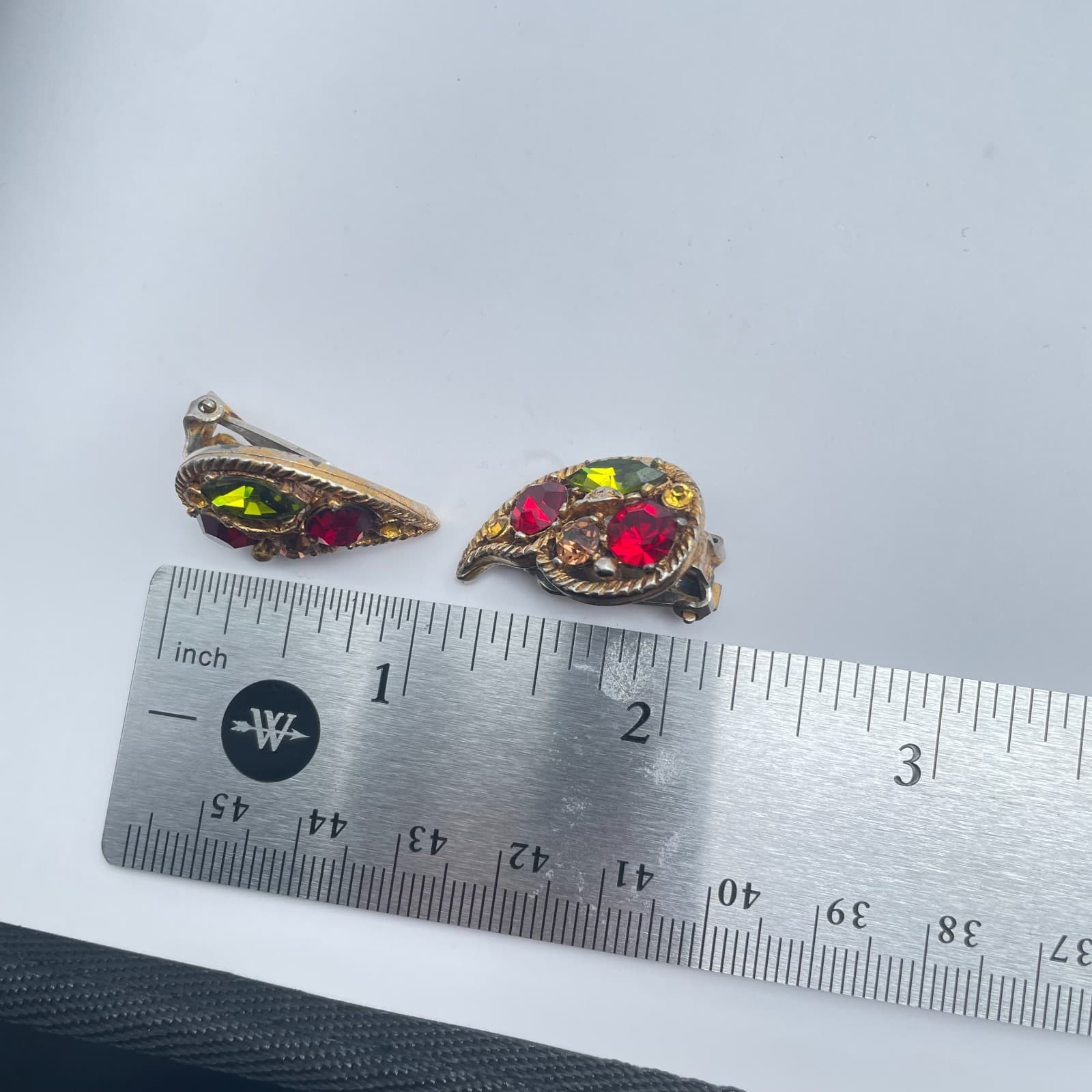 Vintage 80s Red/Green Rhinestone Clip On Earrings Statement Women's Jewelry - Thumbnail 9
