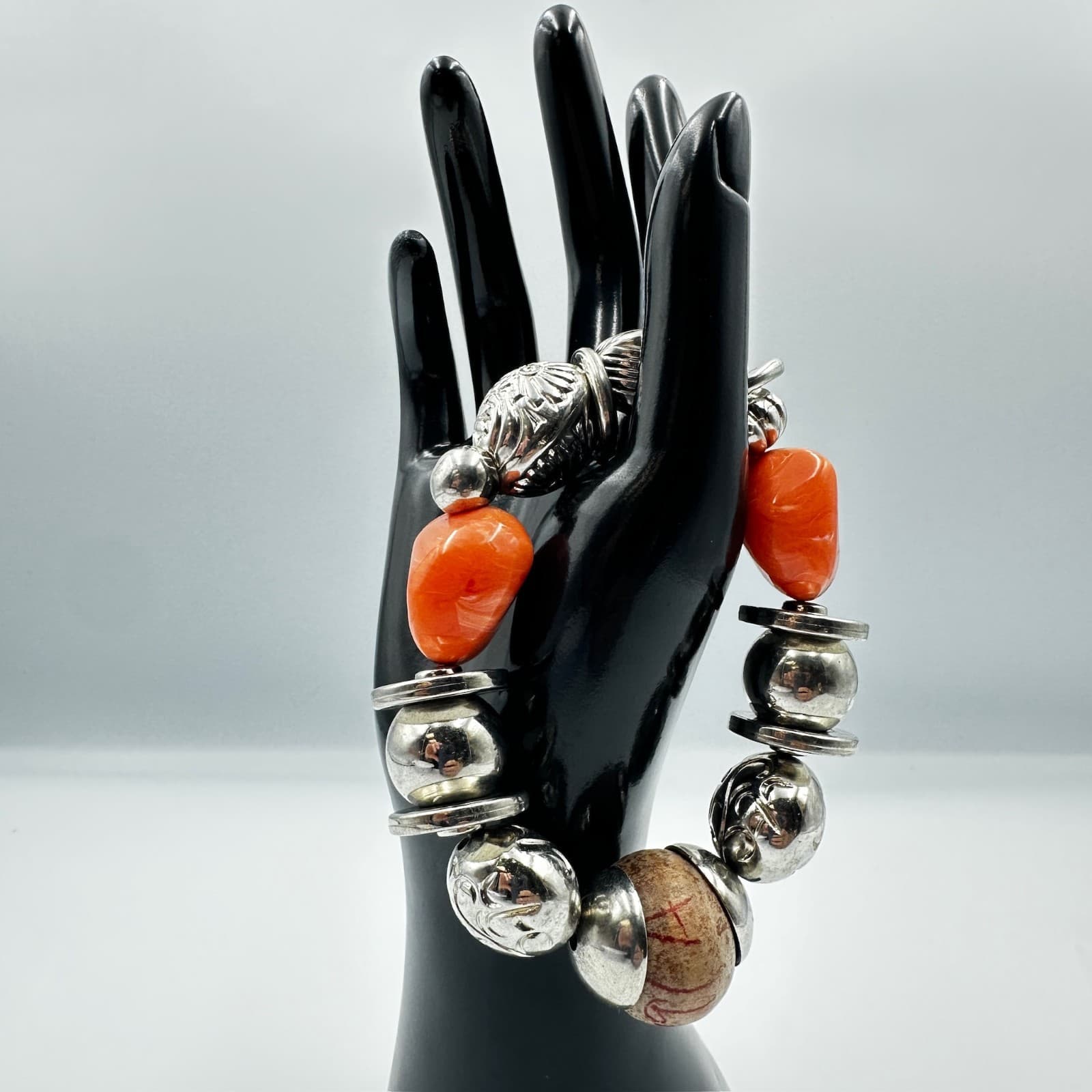 Chunky Orange Coral & Silver-Tone Tribal Statement Bead Bracelet - Image 1