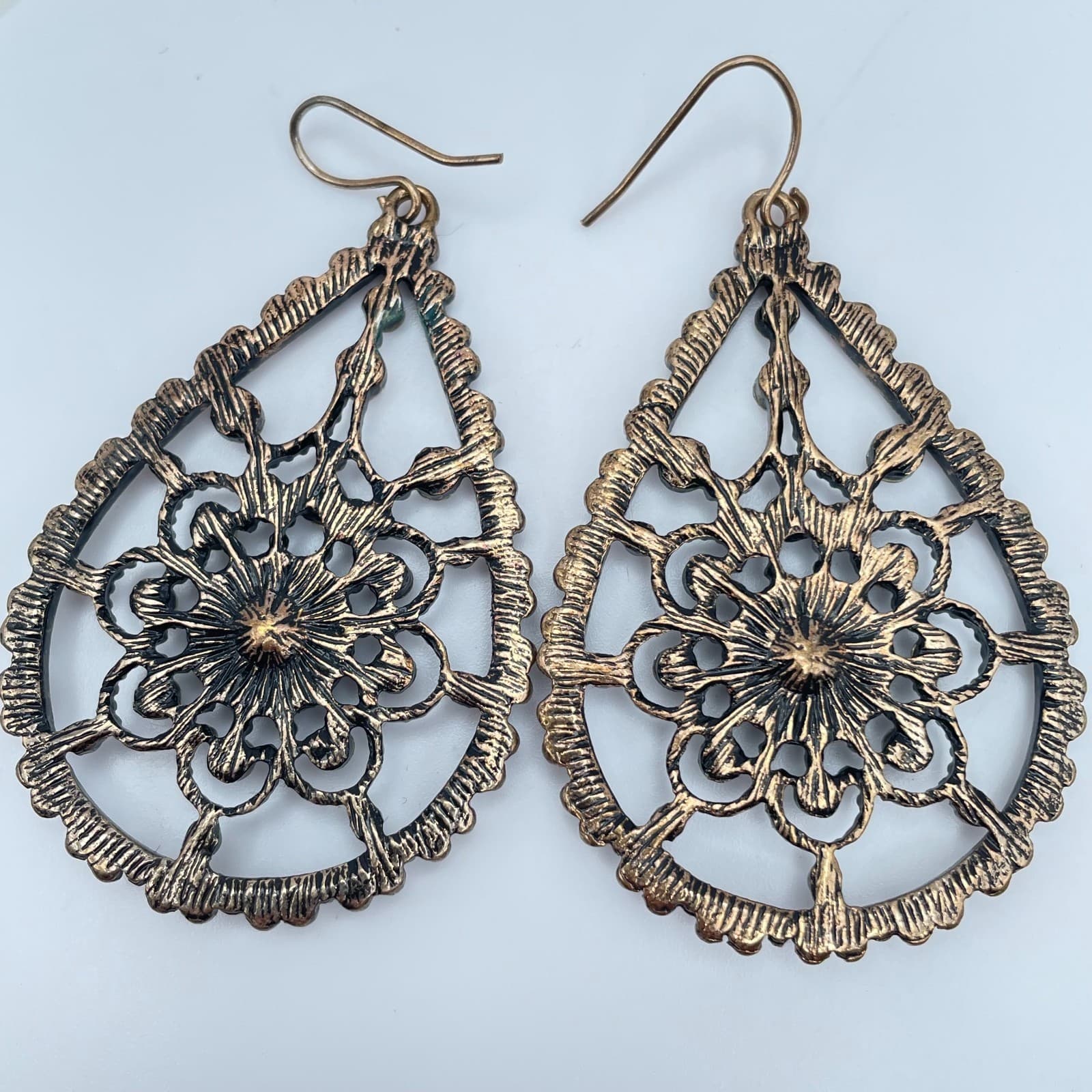 Vintage 90s Clear Glass Bronze Tone Filigree Teardrop Dangle Earrings Jewelry - Thumbnail 5