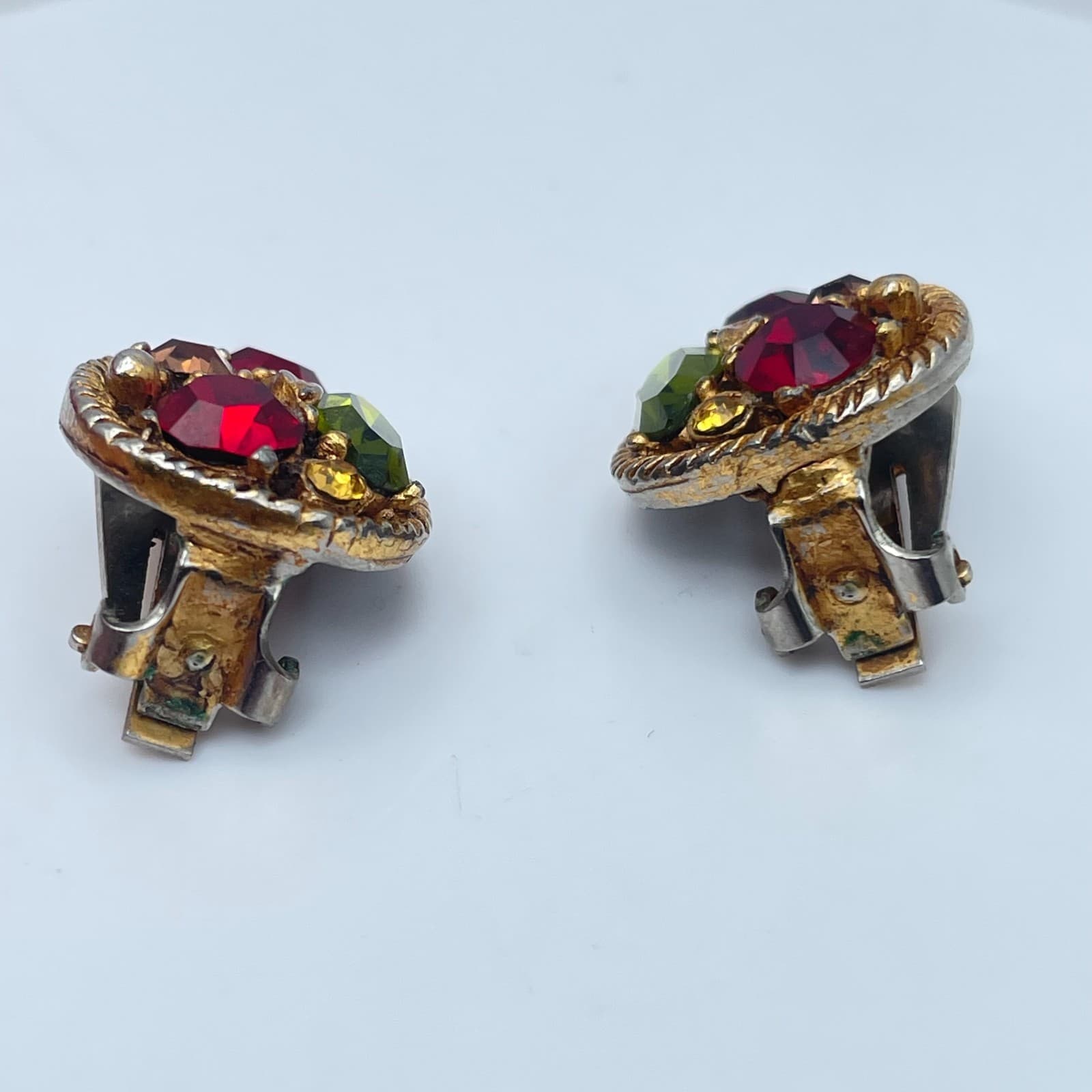 Vintage 80s Red/Green Rhinestone Clip On Earrings Statement Women's Jewelry - Thumbnail 6