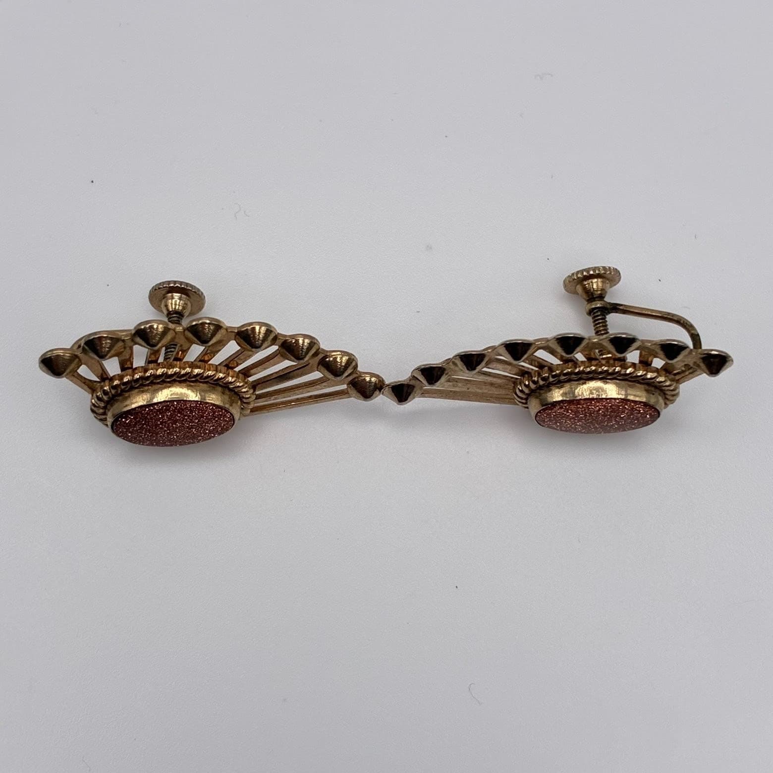 Vintage 60s Goldstone Aventurine Glass Sunburst Fan Earrings Mid-Century Jewelry - Thumbnail 8