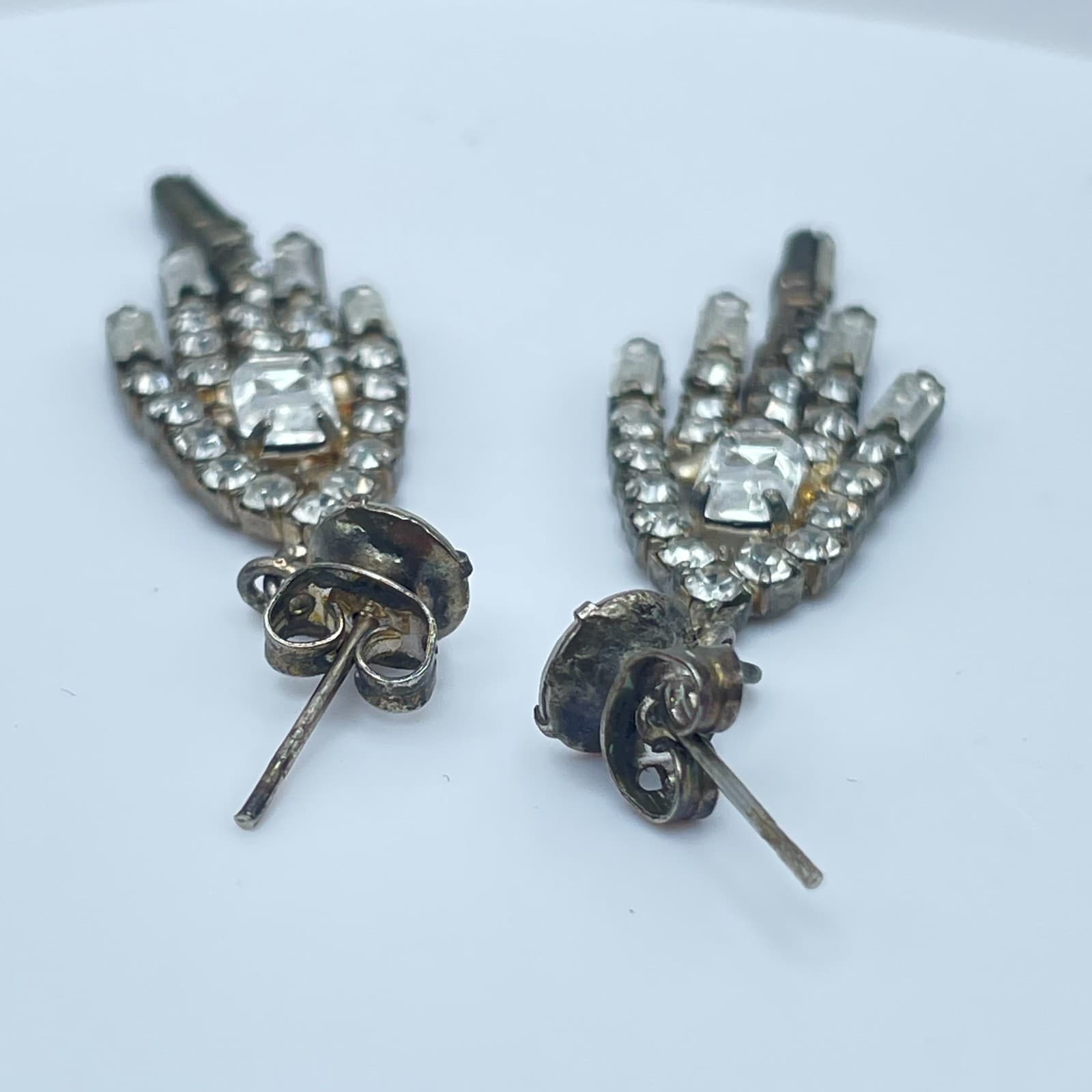 Vintage 80s Silver Tone Dangle Drop Earrings Clear Glass Rhinestone Art Deco - Thumbnail 5