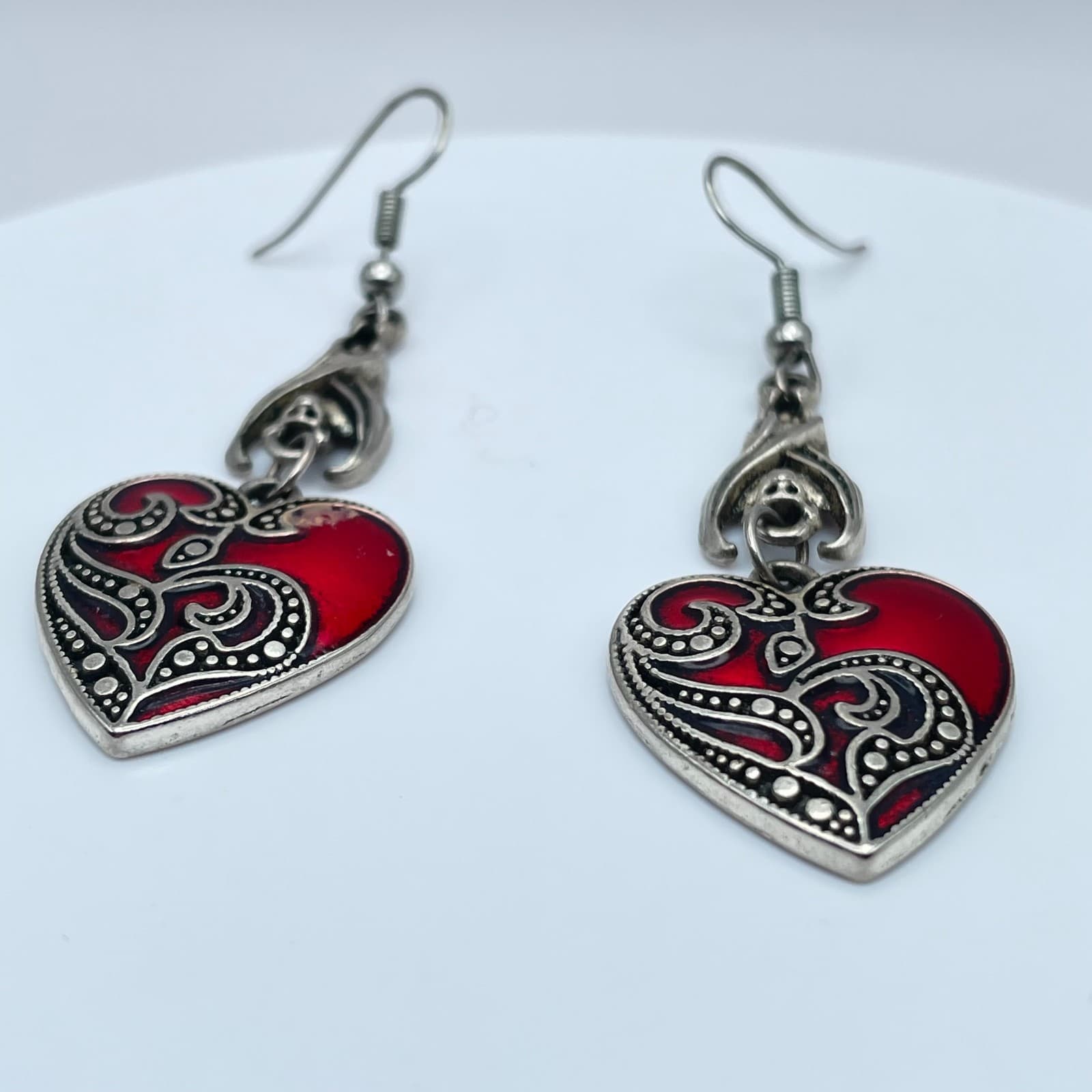 Vintage 90s Gothic Bat Red Enamel Heart Earrings Silver Tone Women's Jewelry - Thumbnail 4