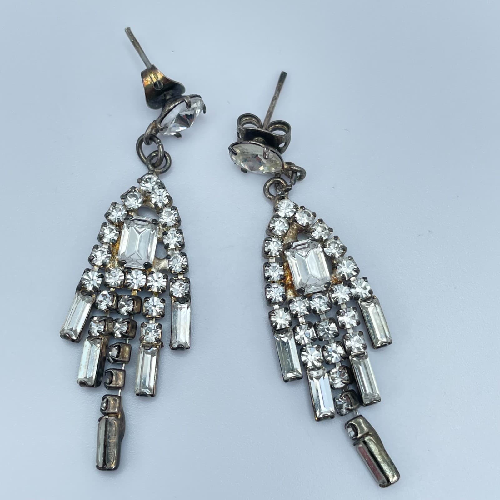 Vintage 80s Silver Tone Dangle Drop Earrings Clear Glass Rhinestone Art Deco - Image 1