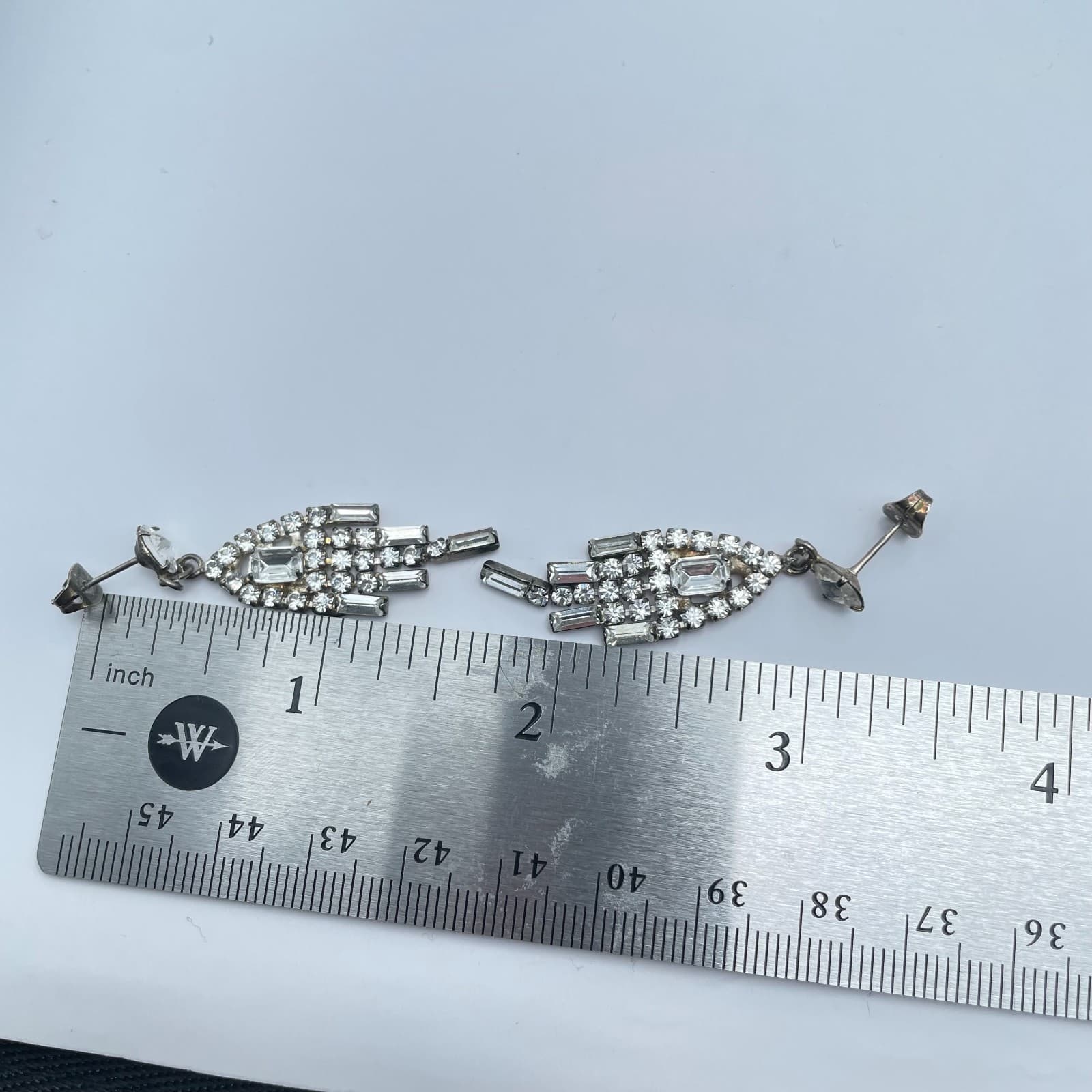 Vintage 80s Silver Tone Dangle Drop Earrings Clear Glass Rhinestone Art Deco - Thumbnail 8