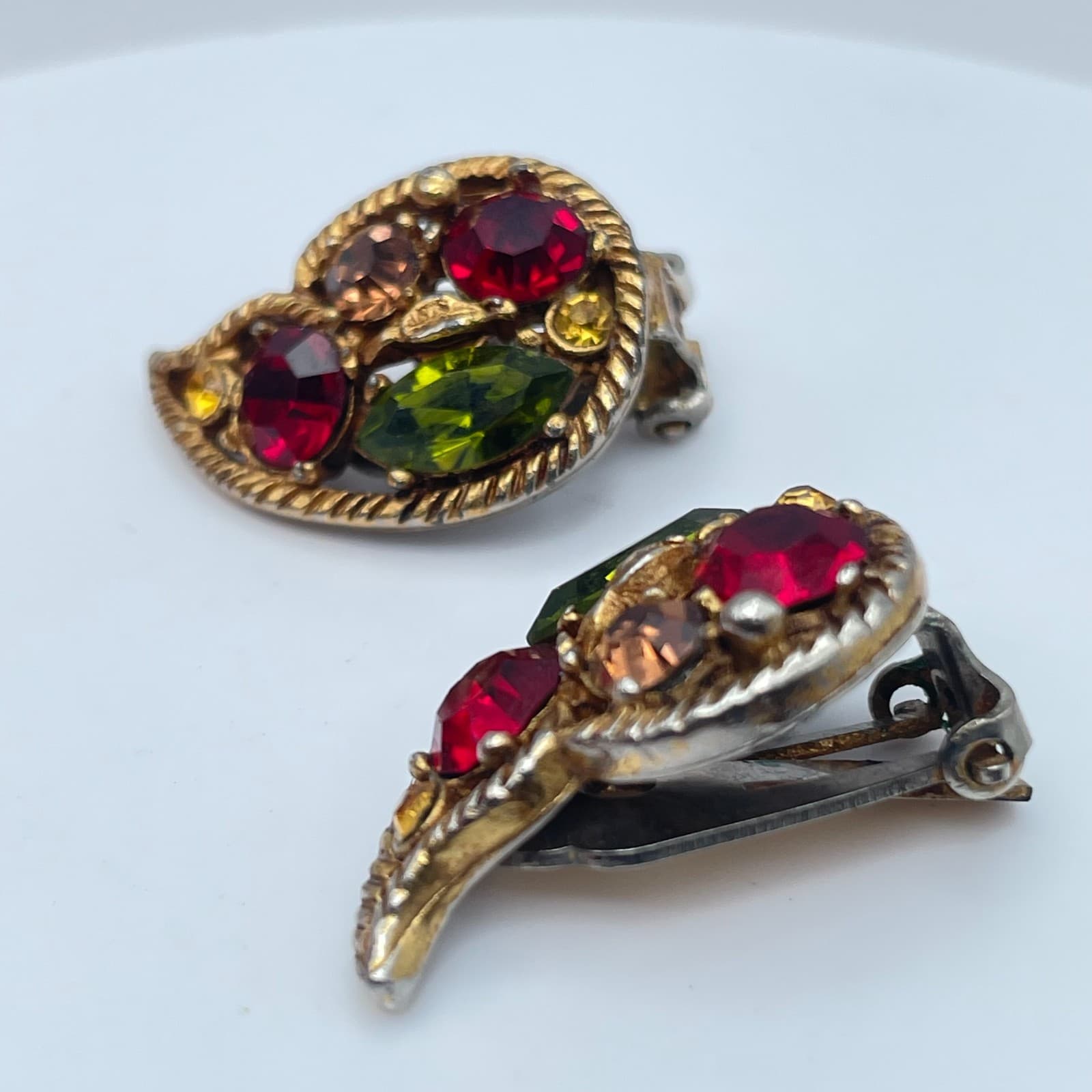 Vintage 80s Red/Green Rhinestone Clip On Earrings Statement Women's Jewelry - Thumbnail 5