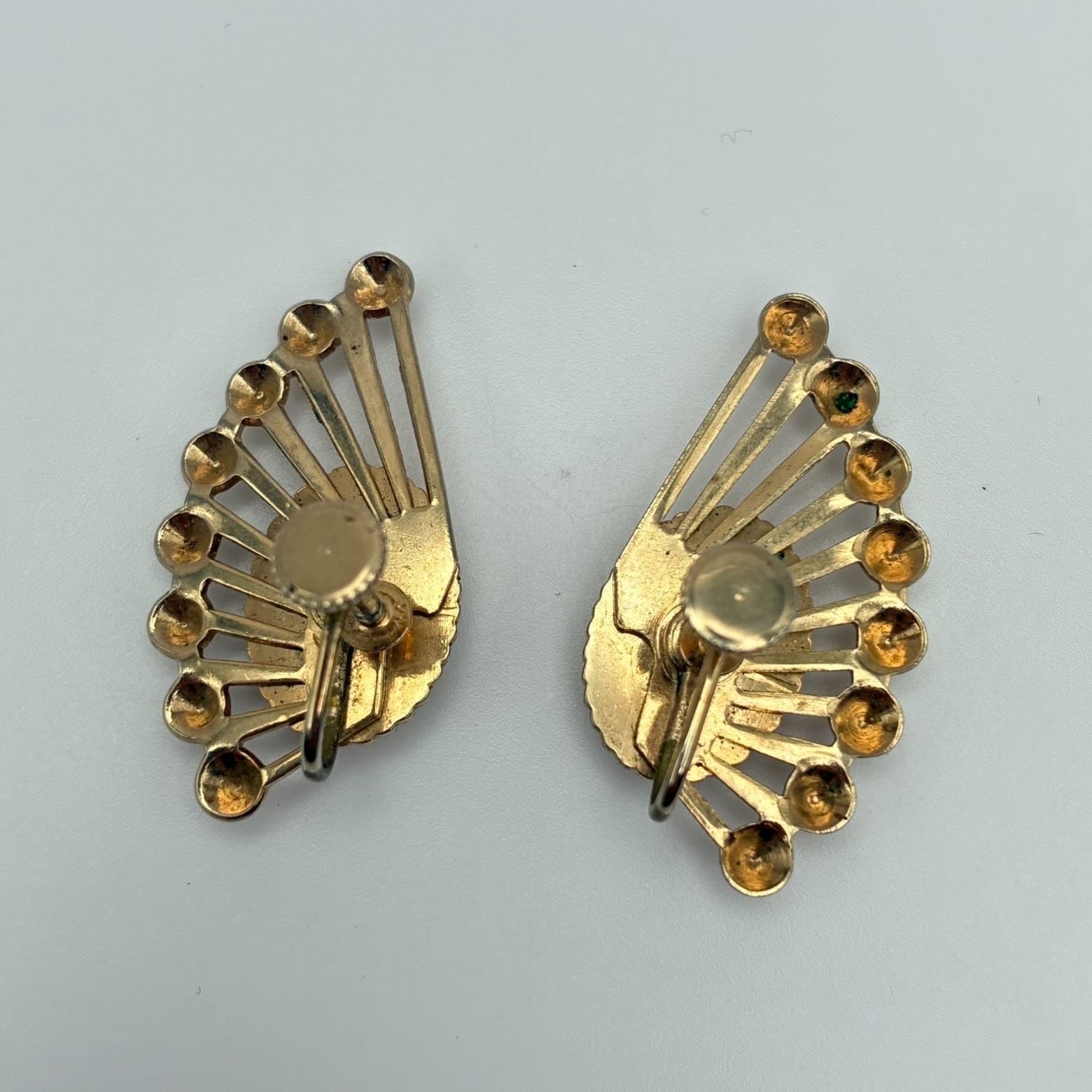 Vintage 60s Goldstone Aventurine Glass Sunburst Fan Earrings Mid-Century Jewelry - Thumbnail 6