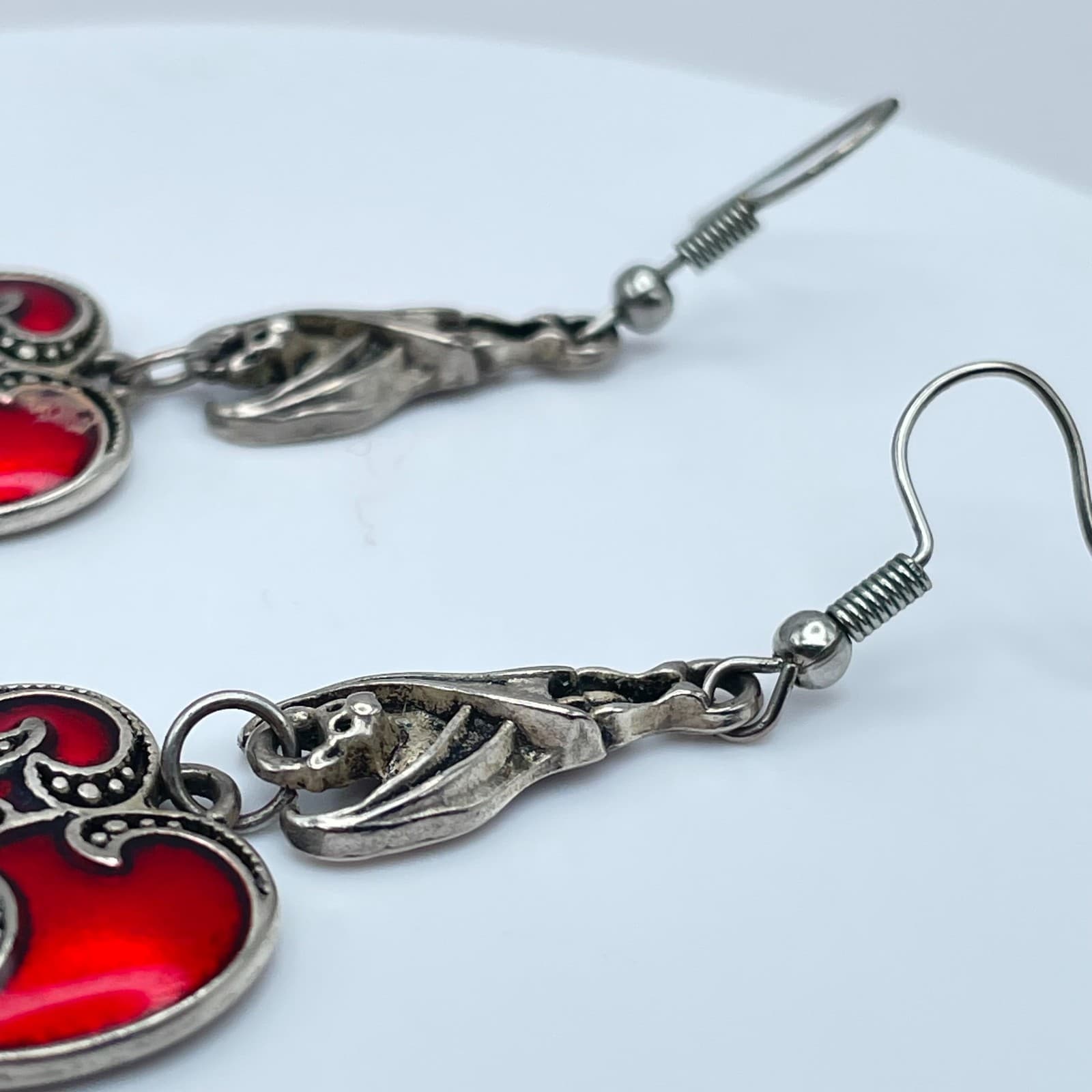 Vintage 90s Gothic Bat Red Enamel Heart Earrings Silver Tone Women's Jewelry - Thumbnail 6