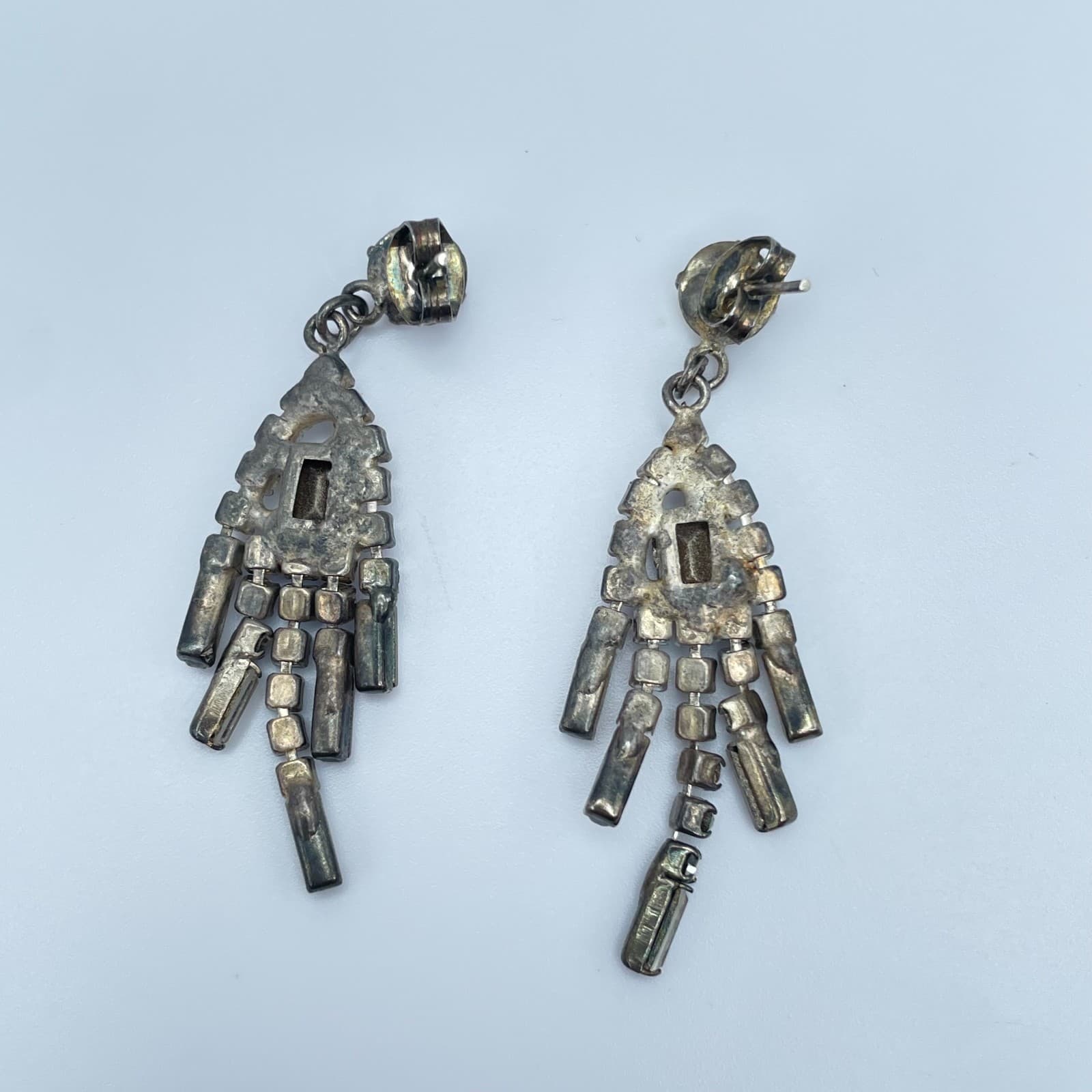 Vintage 80s Silver Tone Dangle Drop Earrings Clear Glass Rhinestone Art Deco - Thumbnail 7
