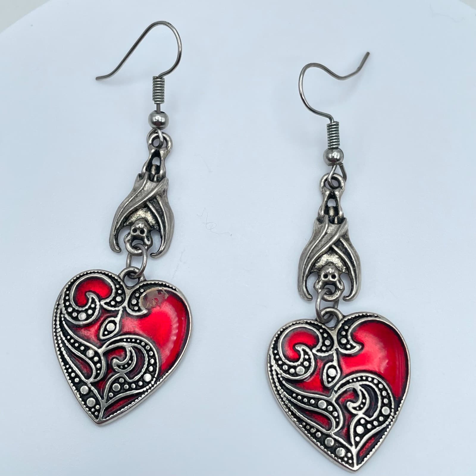 Vintage 90s Gothic Bat Red Enamel Heart Earrings Silver Tone Women's Jewelry - Image 1