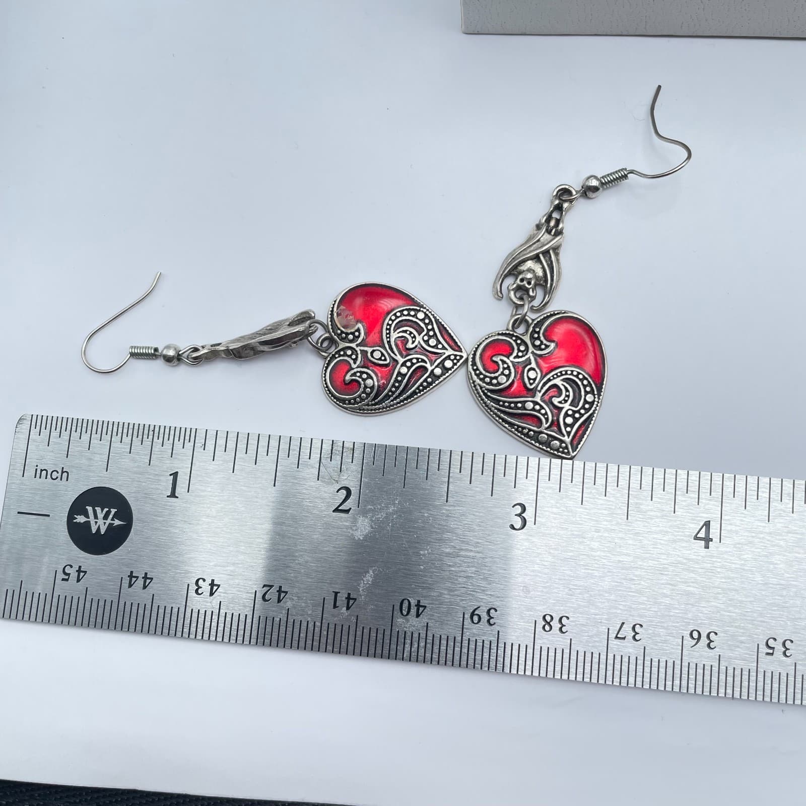 Vintage 90s Gothic Bat Red Enamel Heart Earrings Silver Tone Women's Jewelry - Thumbnail 9