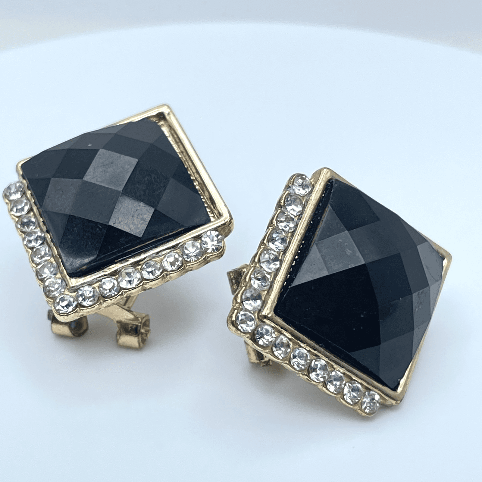Vintage 90s Black Onyx Glass Gold Tone Earrings Rhine Stone Halo Square Studs - Image 1