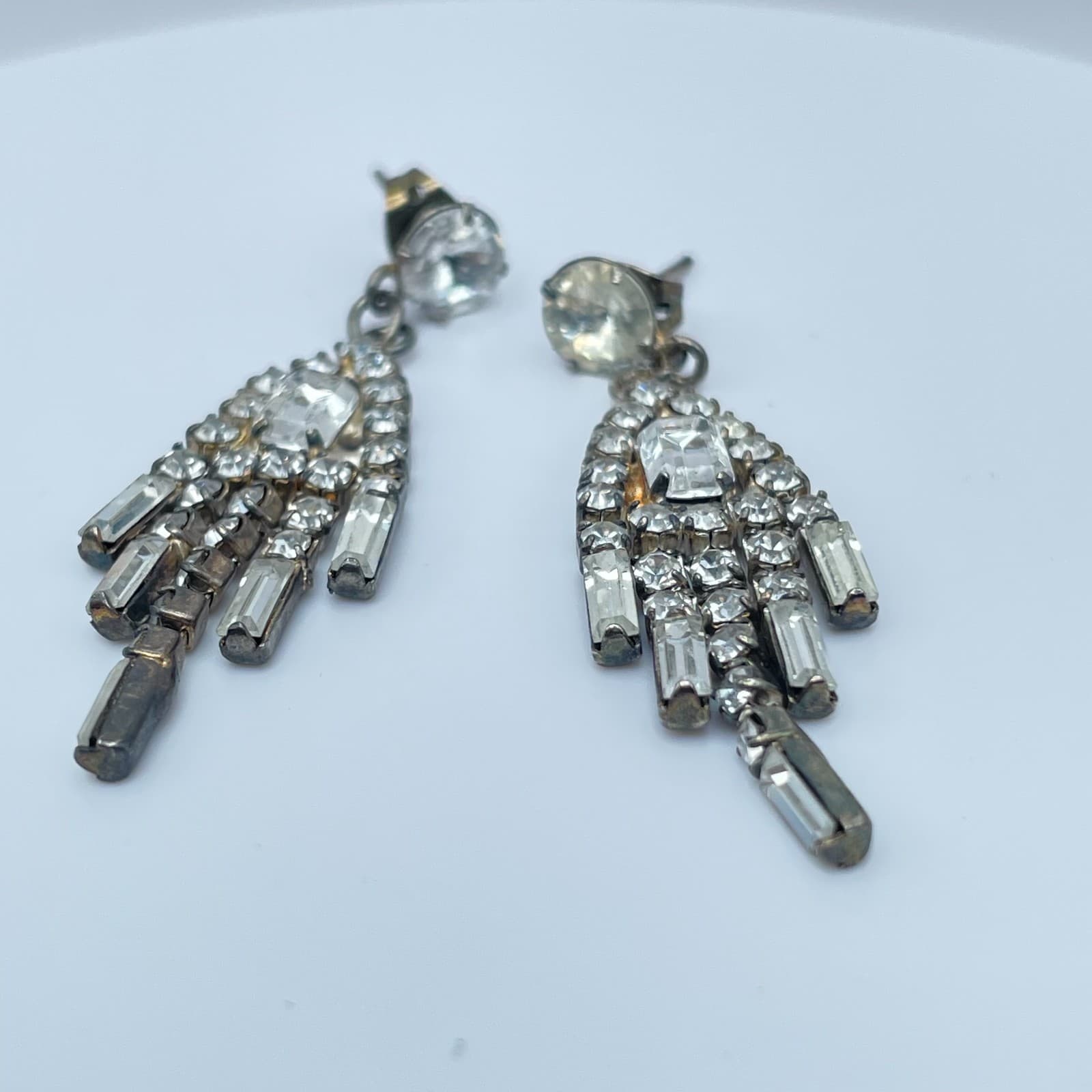 Vintage 80s Silver Tone Dangle Drop Earrings Clear Glass Rhinestone Art Deco - Thumbnail 3