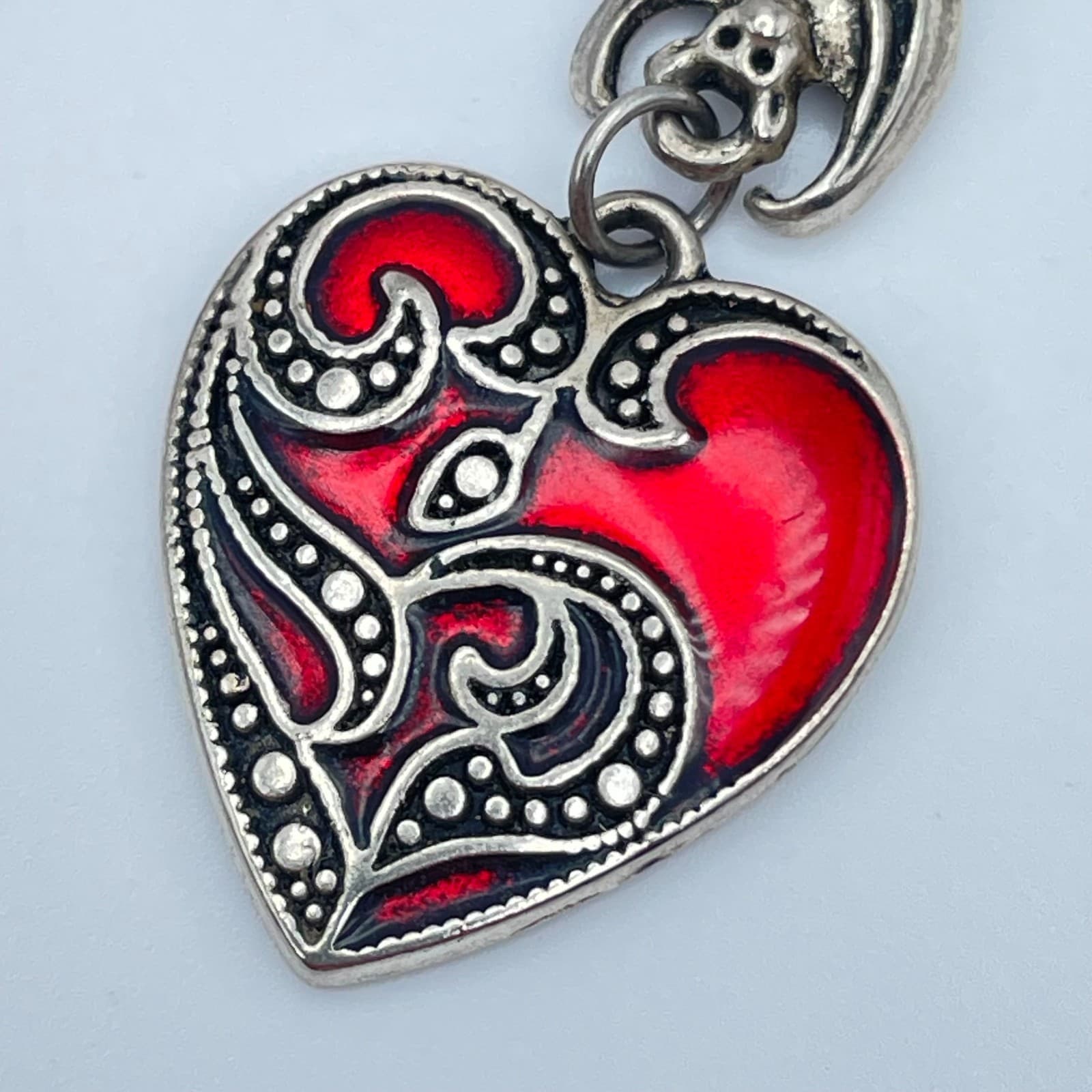 Vintage 90s Gothic Bat Red Enamel Heart Earrings Silver Tone Women's Jewelry - Thumbnail 7