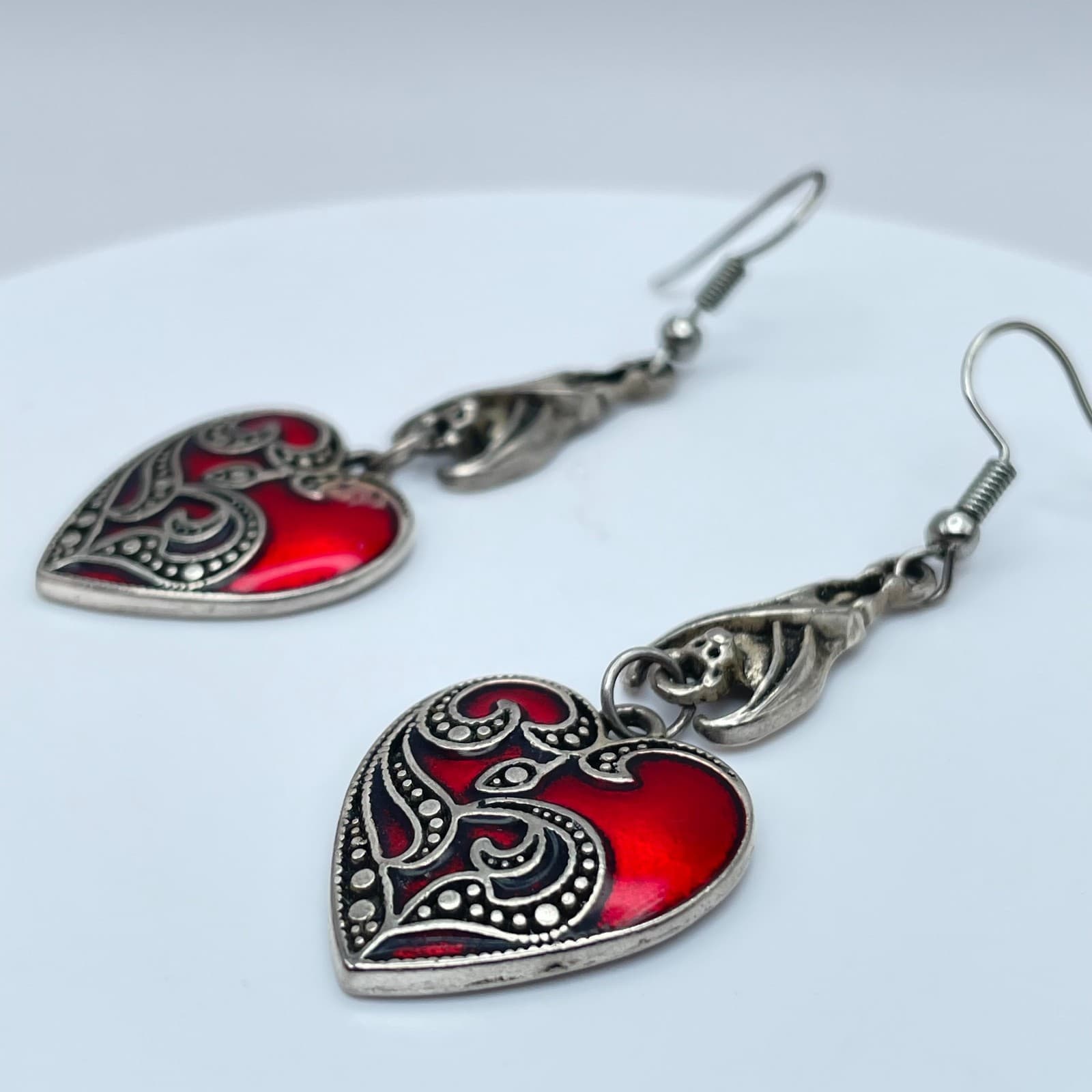 Vintage 90s Gothic Bat Red Enamel Heart Earrings Silver Tone Women's Jewelry - Thumbnail 5